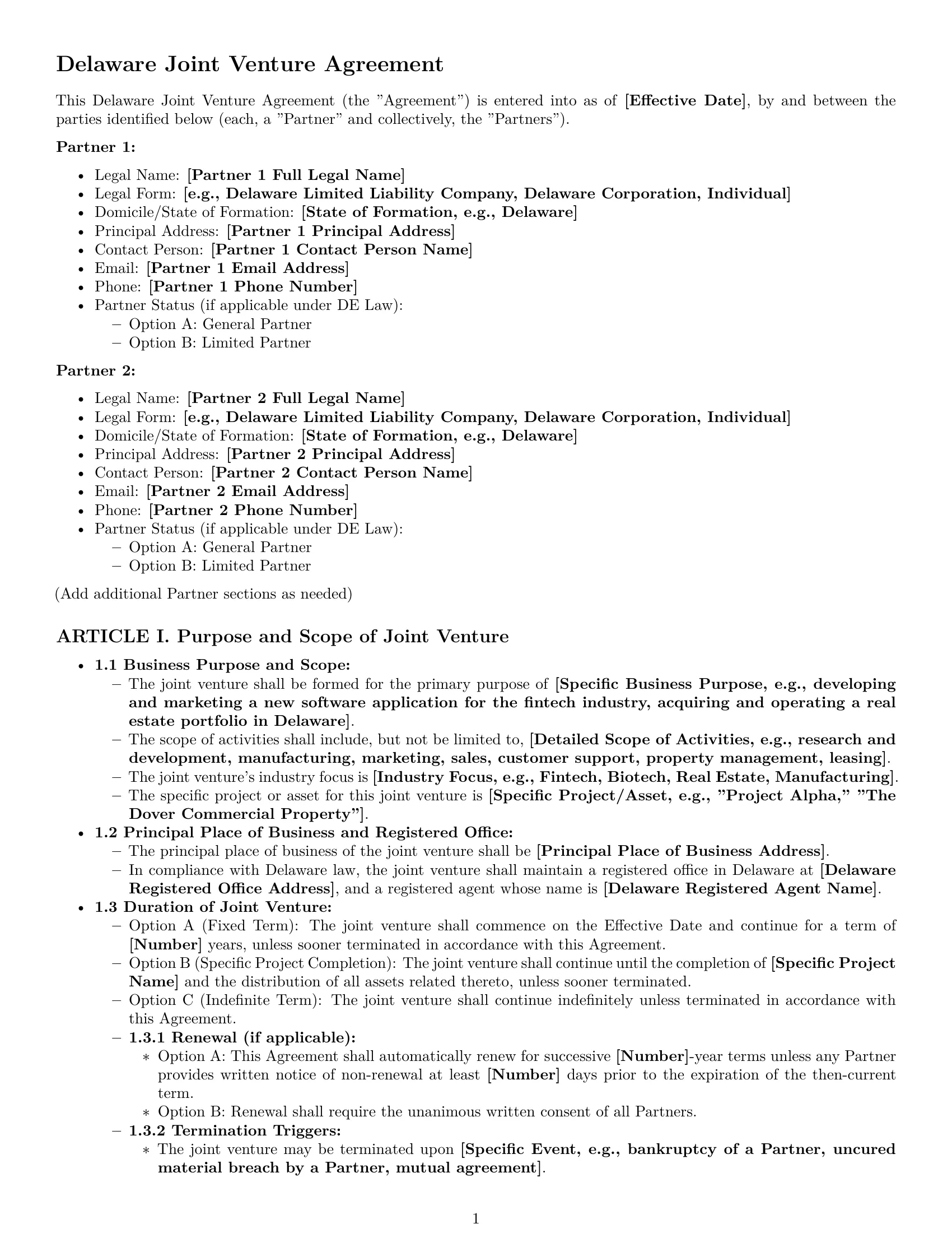 Preview page 1 of Pro Delaware joint venture agreement template