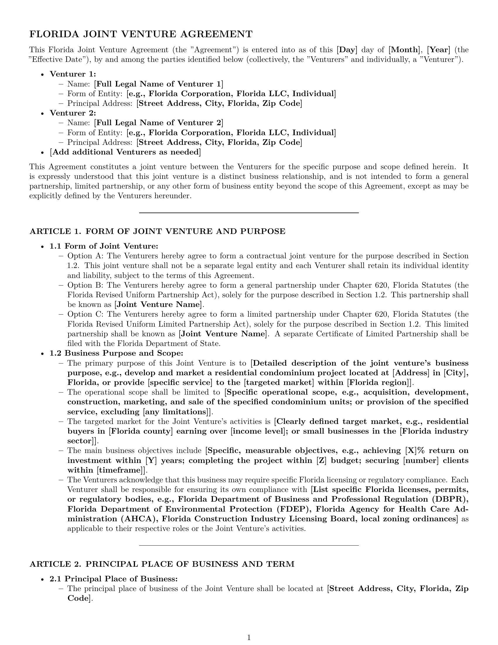 Preview page 1 of Pro Florida joint venture agreement template