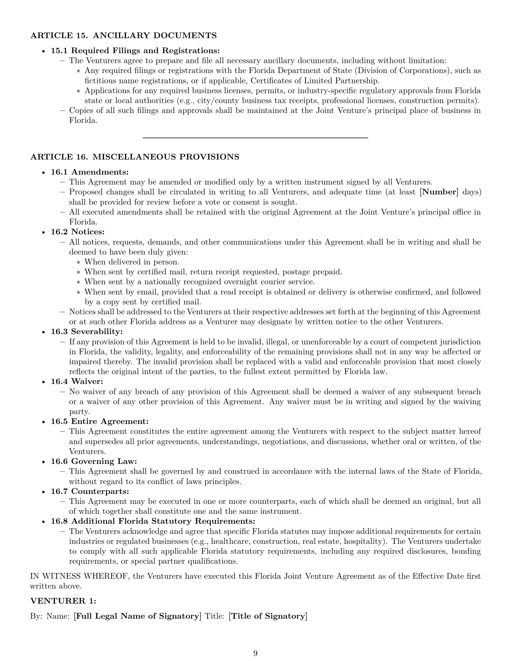 Preview page 9 of Pro Florida joint venture agreement template