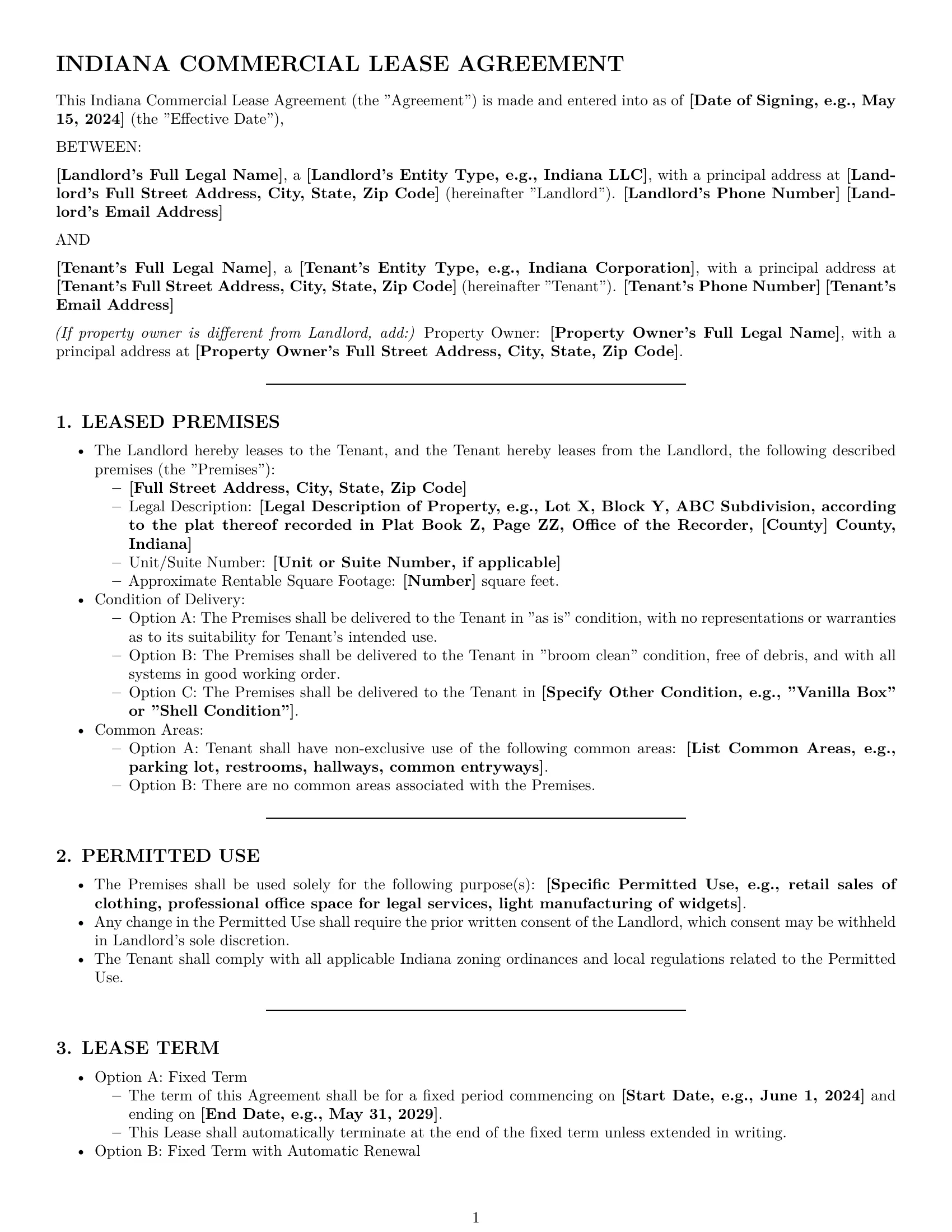 Preview page 1 of Pro Indiana commercial lease agreement template