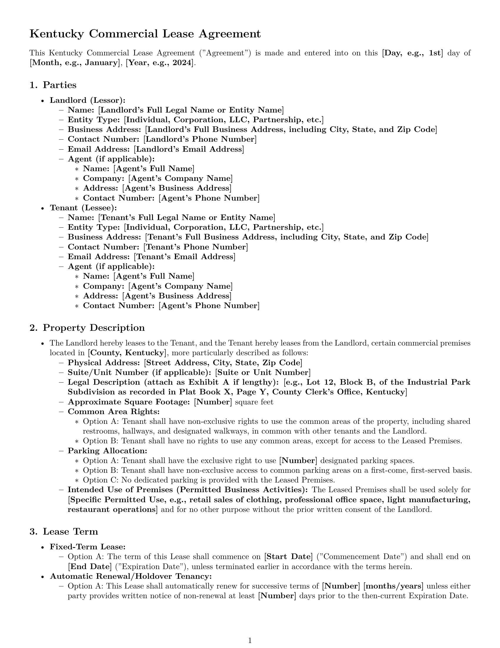 Preview page 1 of Pro Kentucky commercial lease agreement template