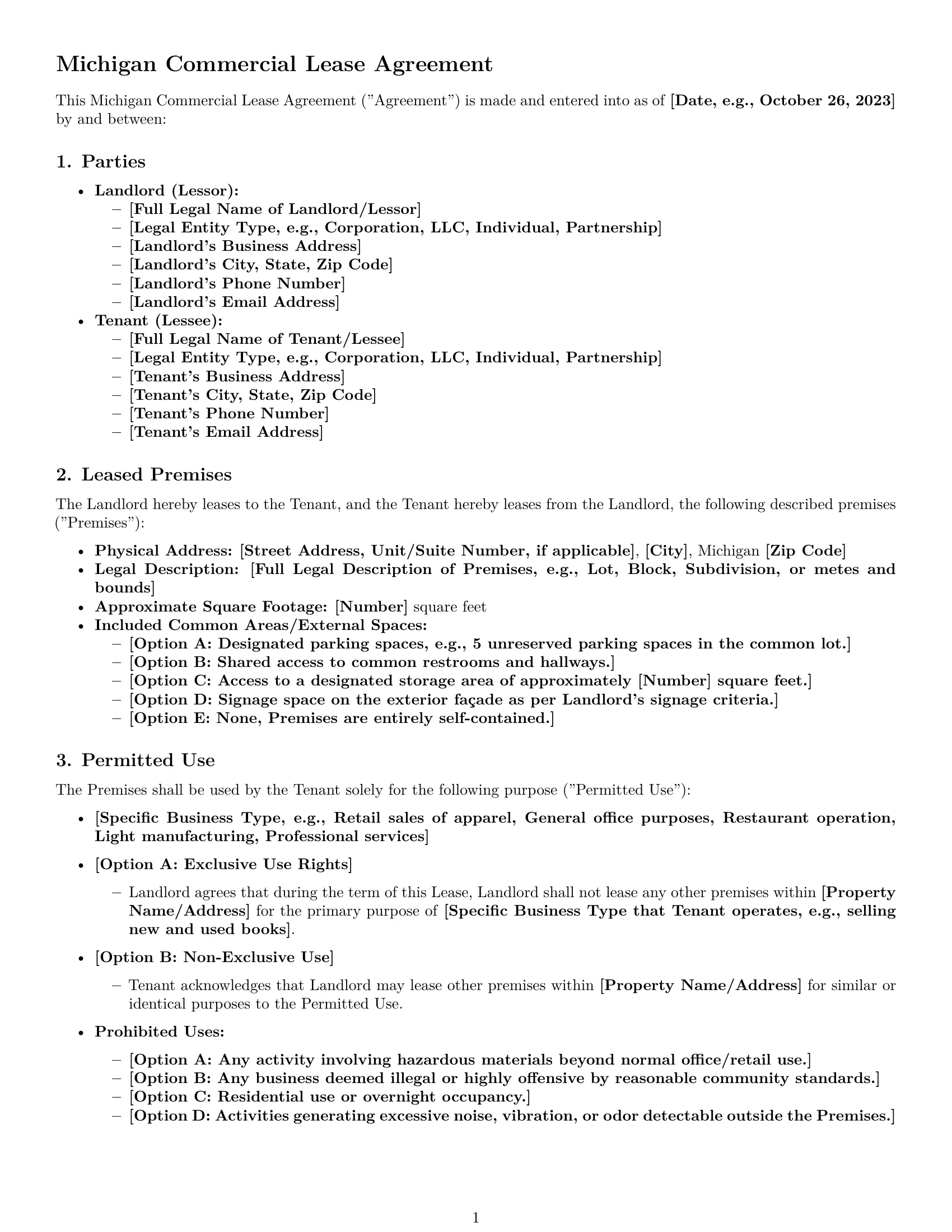 Preview page 1 of Pro Michigan commercial lease agreement template
