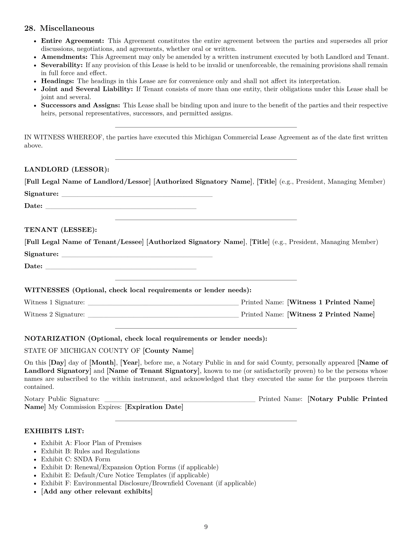 Preview page 9 of Pro Michigan commercial lease agreement template