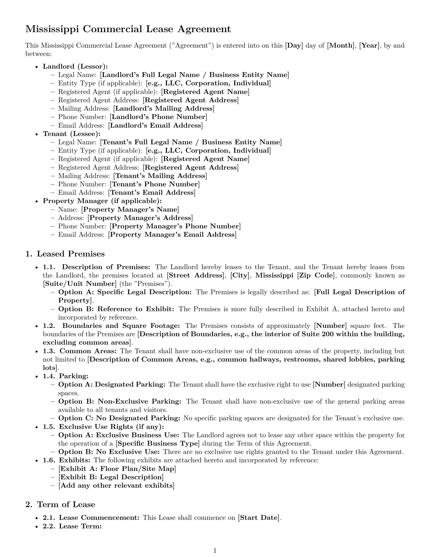 Preview page 1 of Pro Mississippi commercial lease agreement template