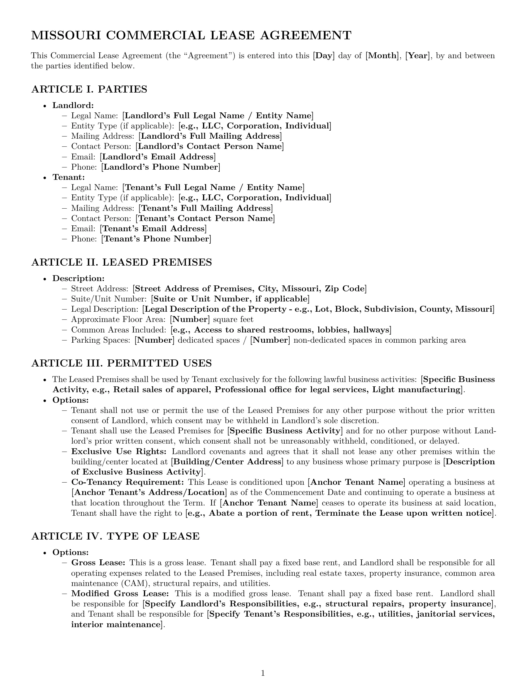 Preview page 1 of Pro Missouri commercial lease agreement template