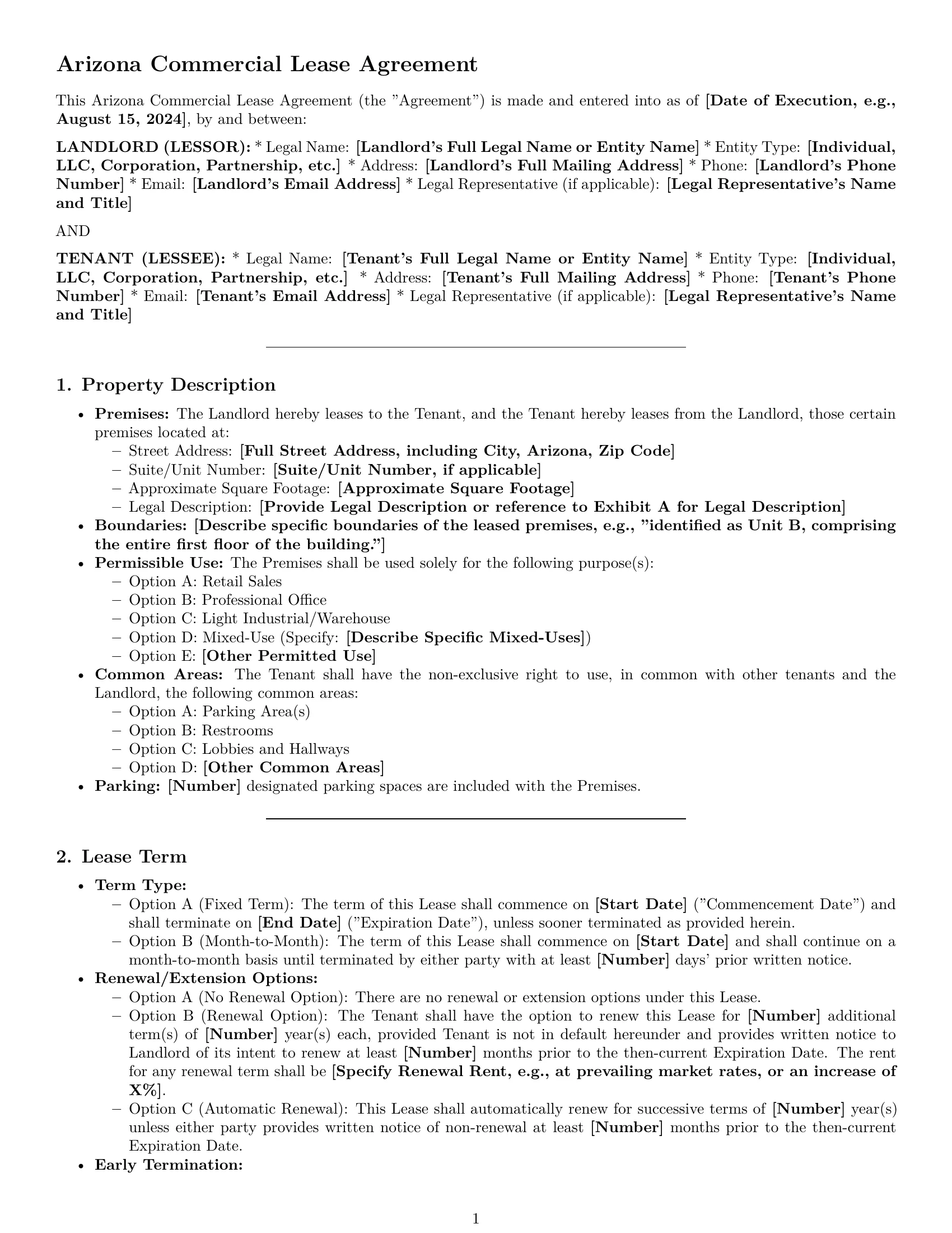 Preview page 1 of Pro Arizona commercial lease agreement template