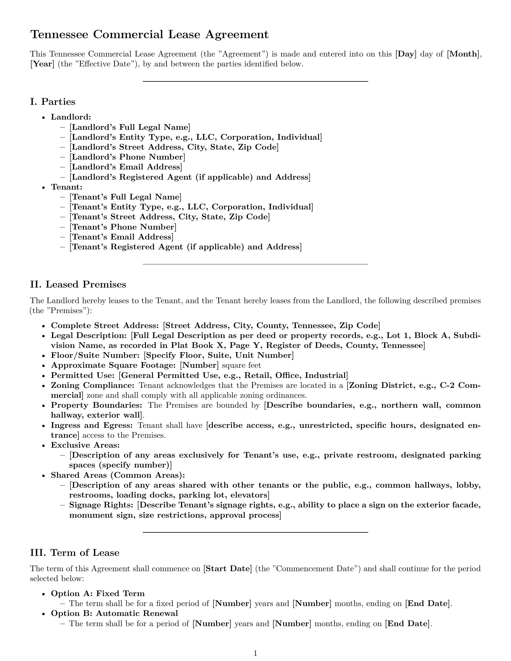 Preview page 1 of Pro Tennessee commercial lease agreement template