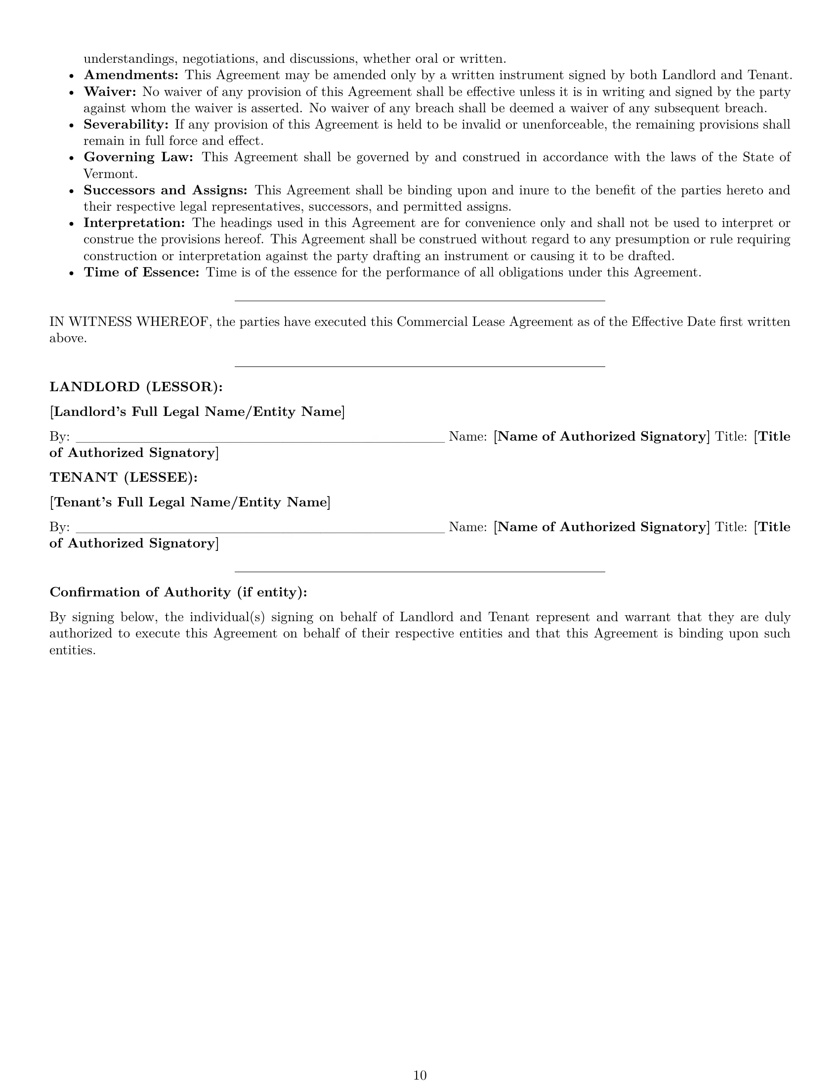 Preview page 10 of Pro Vermont commercial lease agreement template