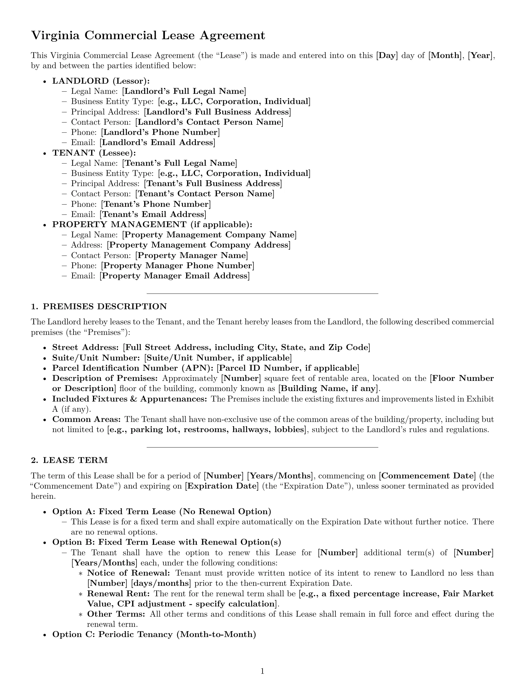 Preview page 1 of Pro Virginia commercial lease agreement template