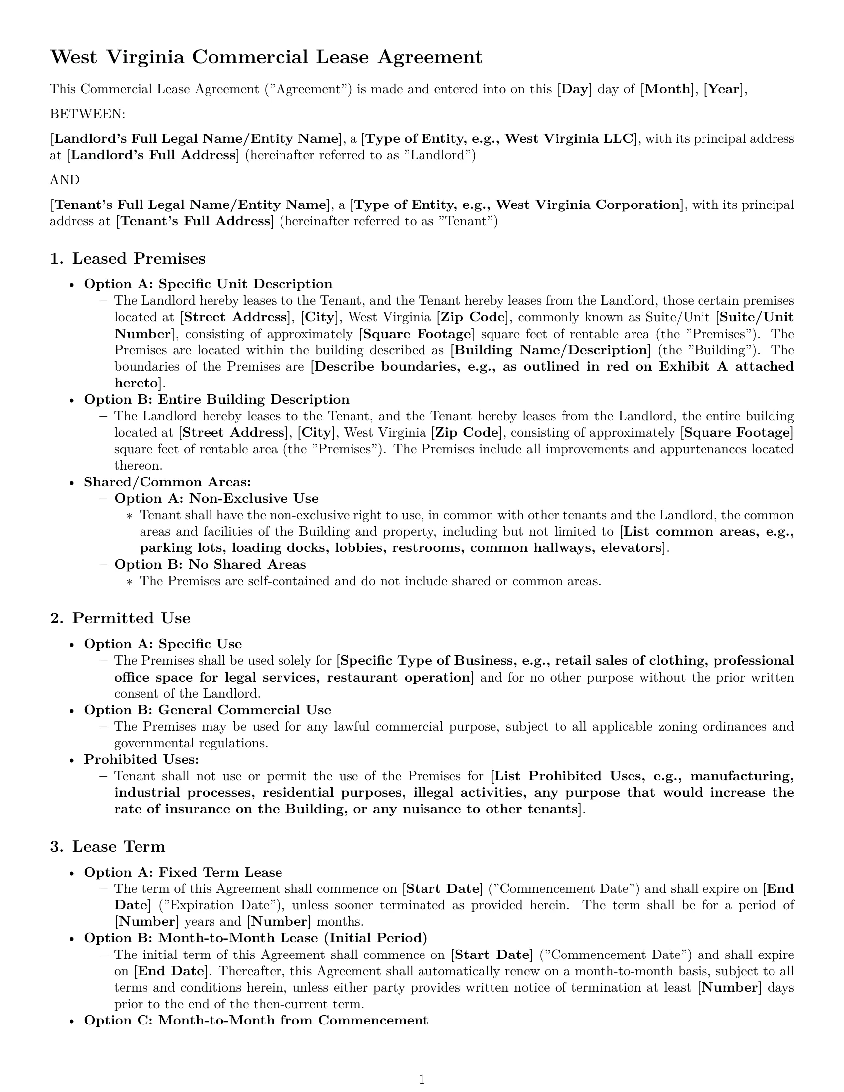 Preview page 1 of Pro West Virginia commercial lease agreement template