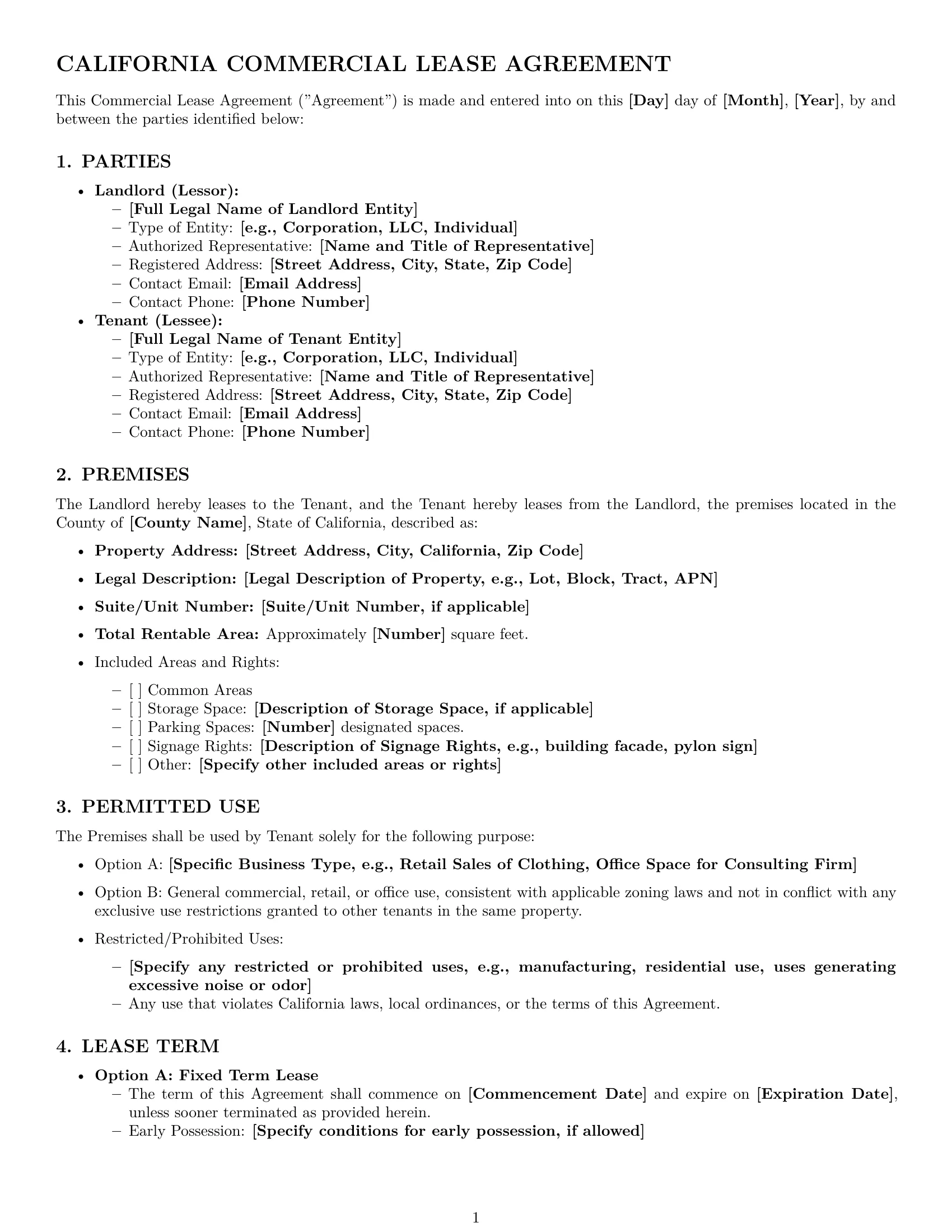 Preview page 1 of Pro California commercial lease agreement template