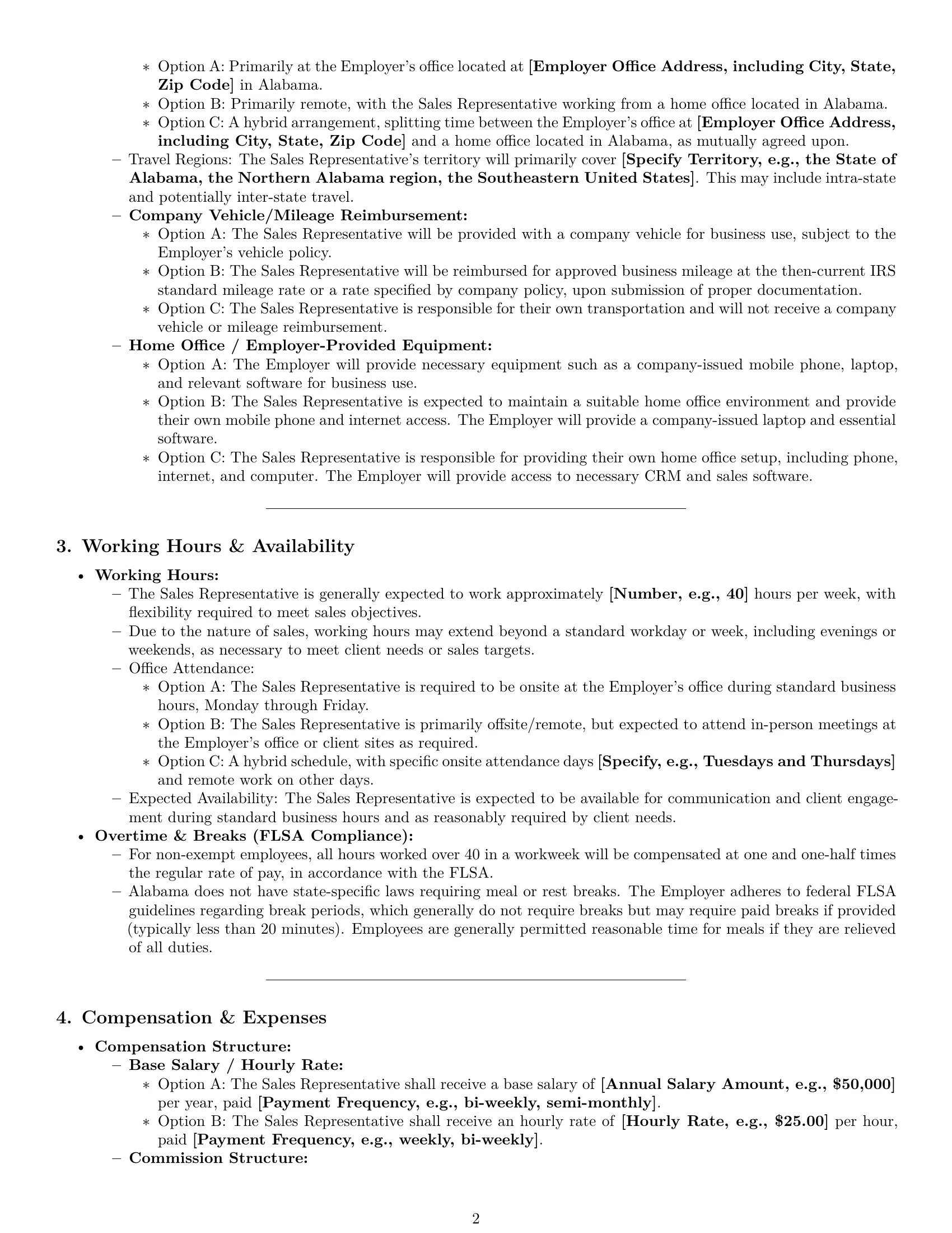 Preview page 2 of Pro Alabama sales representative employment contract template