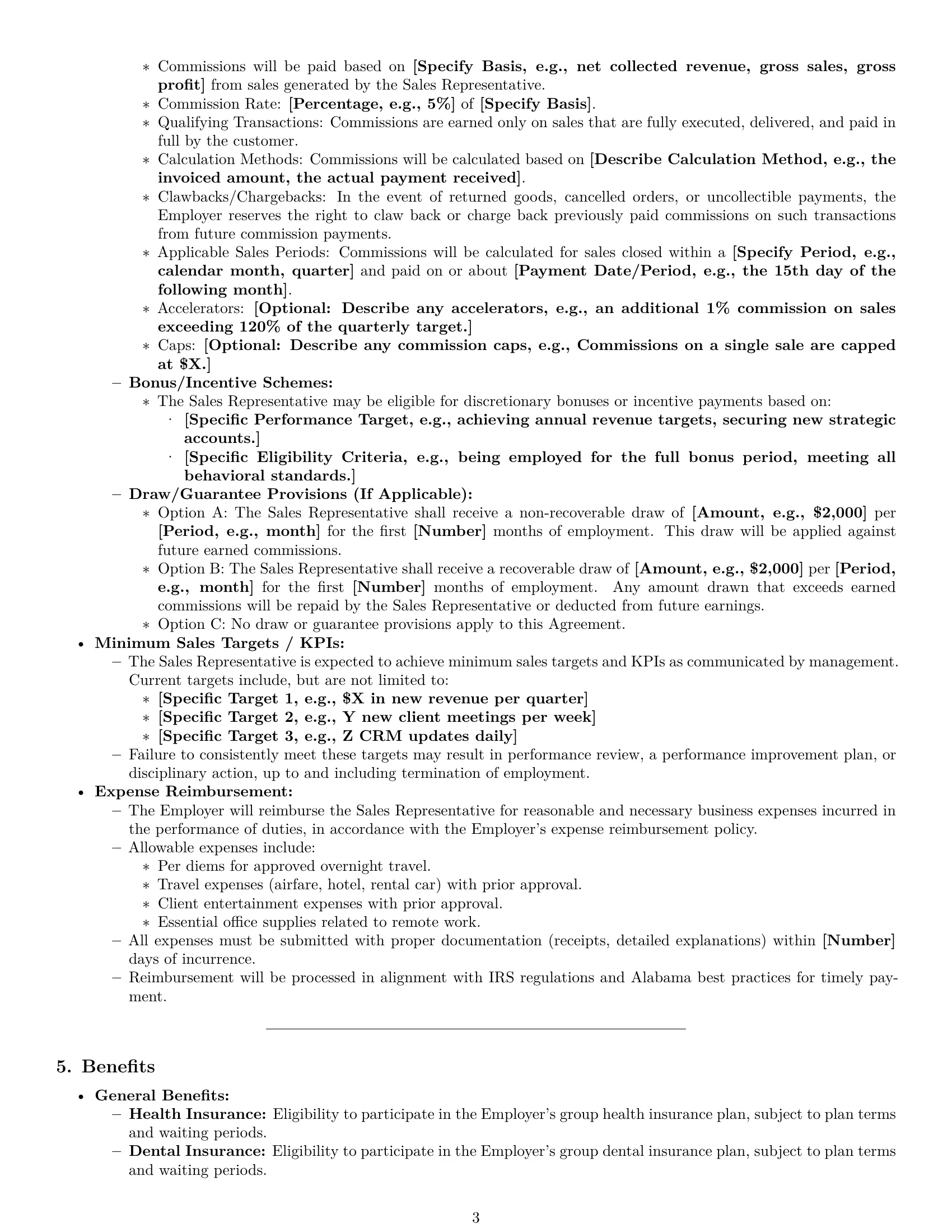 Preview page 3 of Pro Alabama sales representative employment contract template