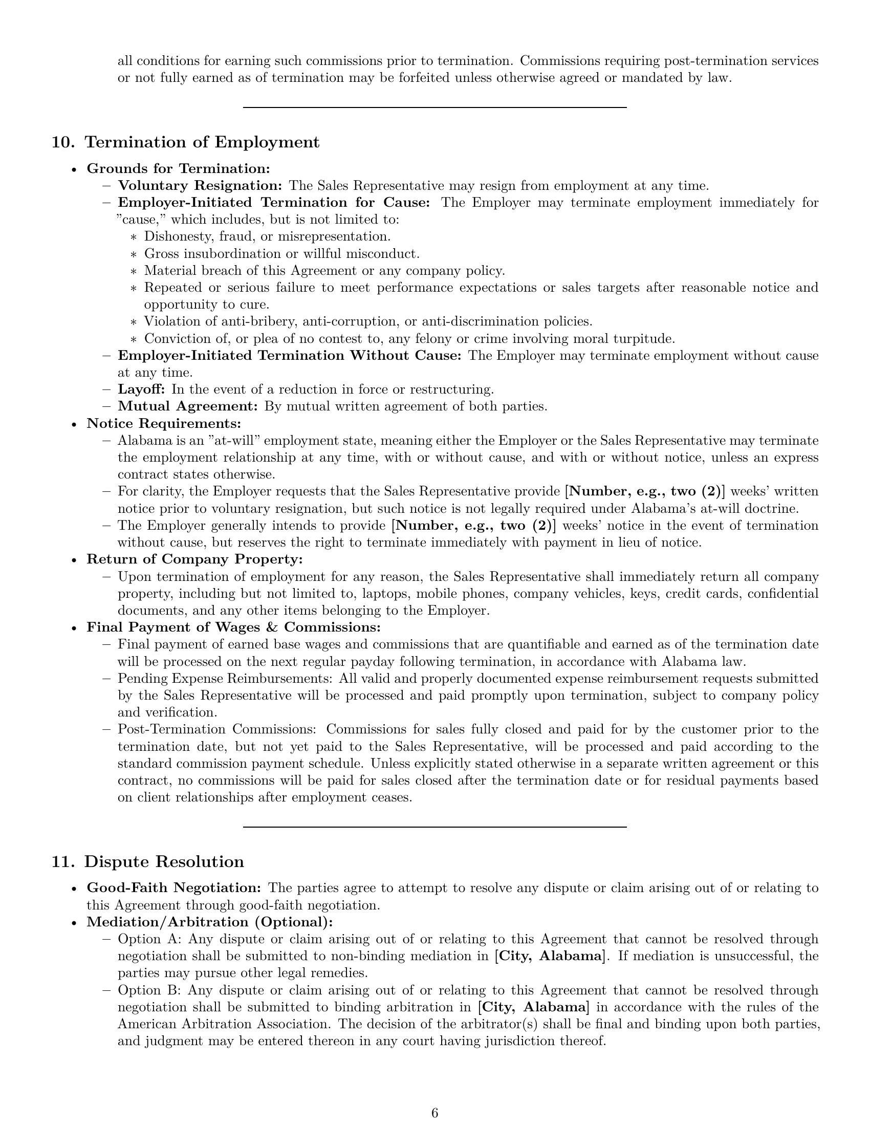 Preview page 6 of Pro Alabama sales representative employment contract template