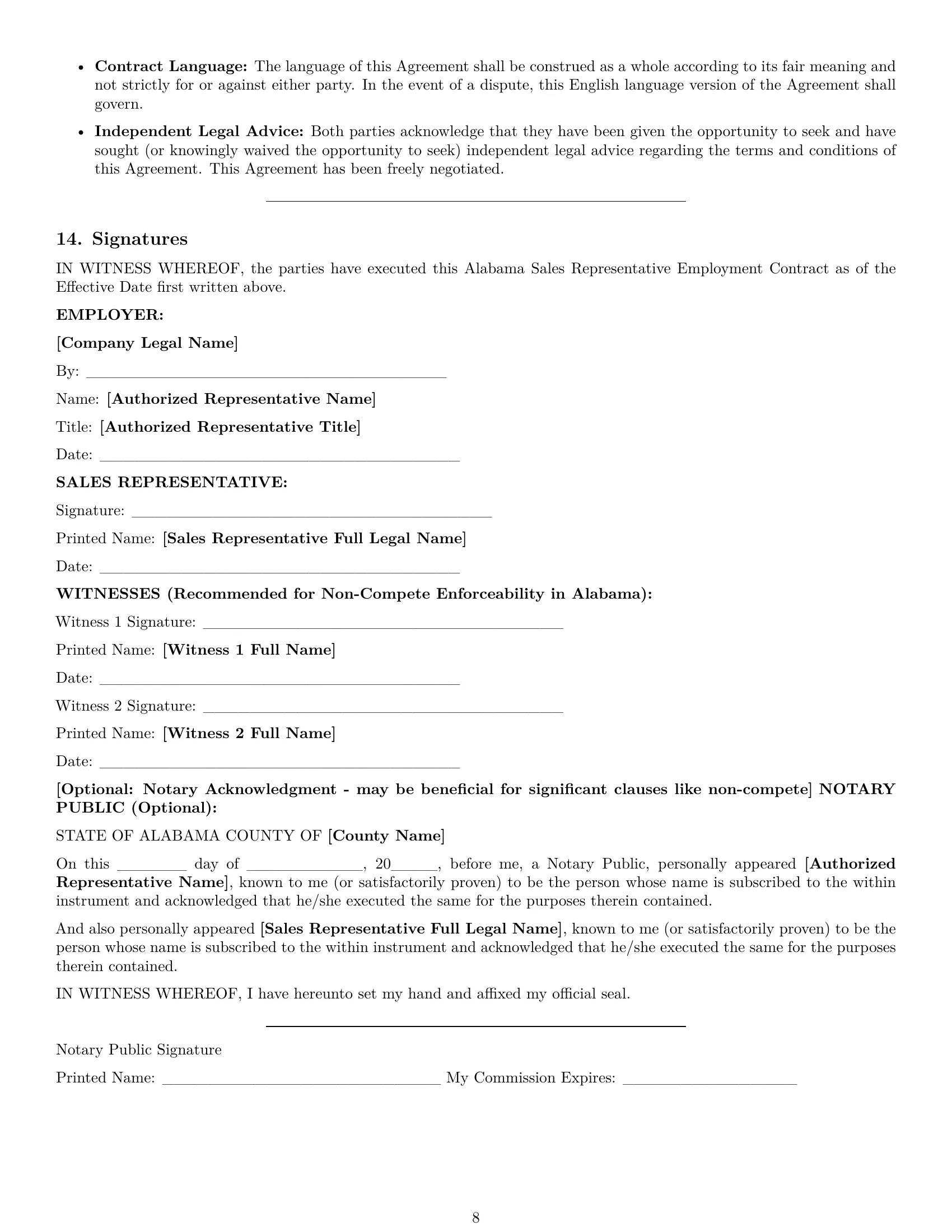 Preview page 8 of Pro Alabama sales representative employment contract template