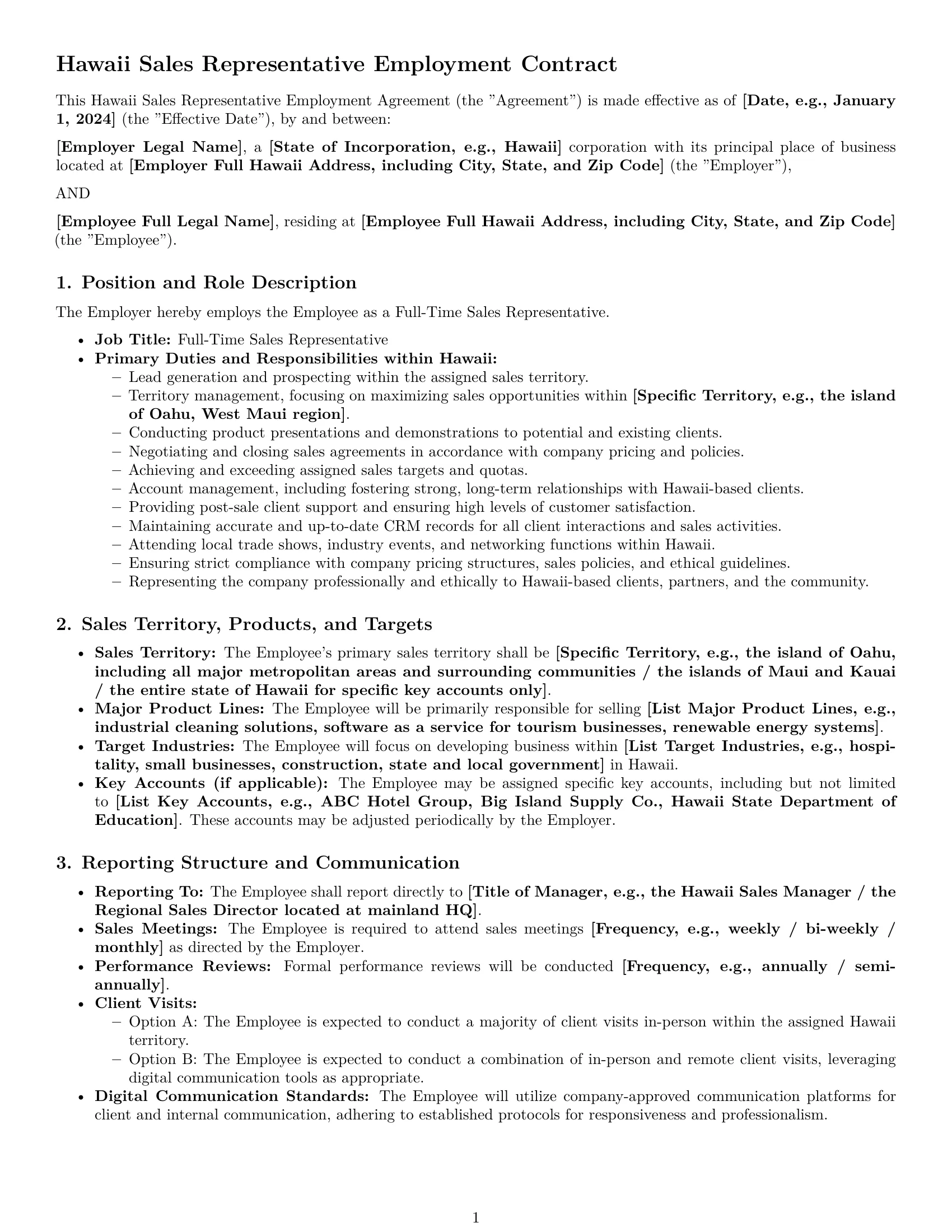 Preview page 1 of Pro Hawaii sales representative employment contract template