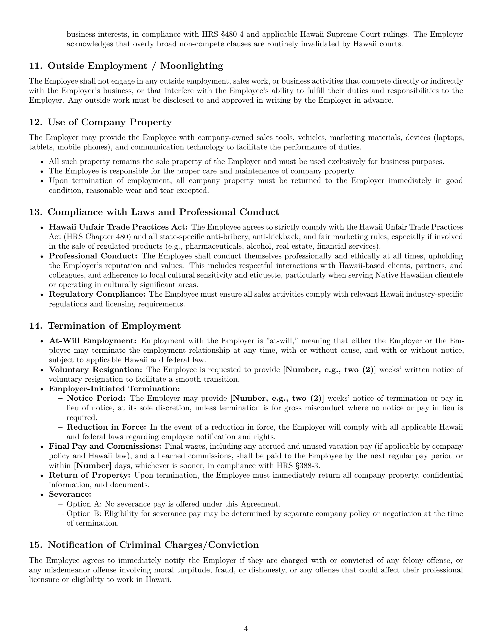 Preview page 4 of Pro Hawaii sales representative employment contract template