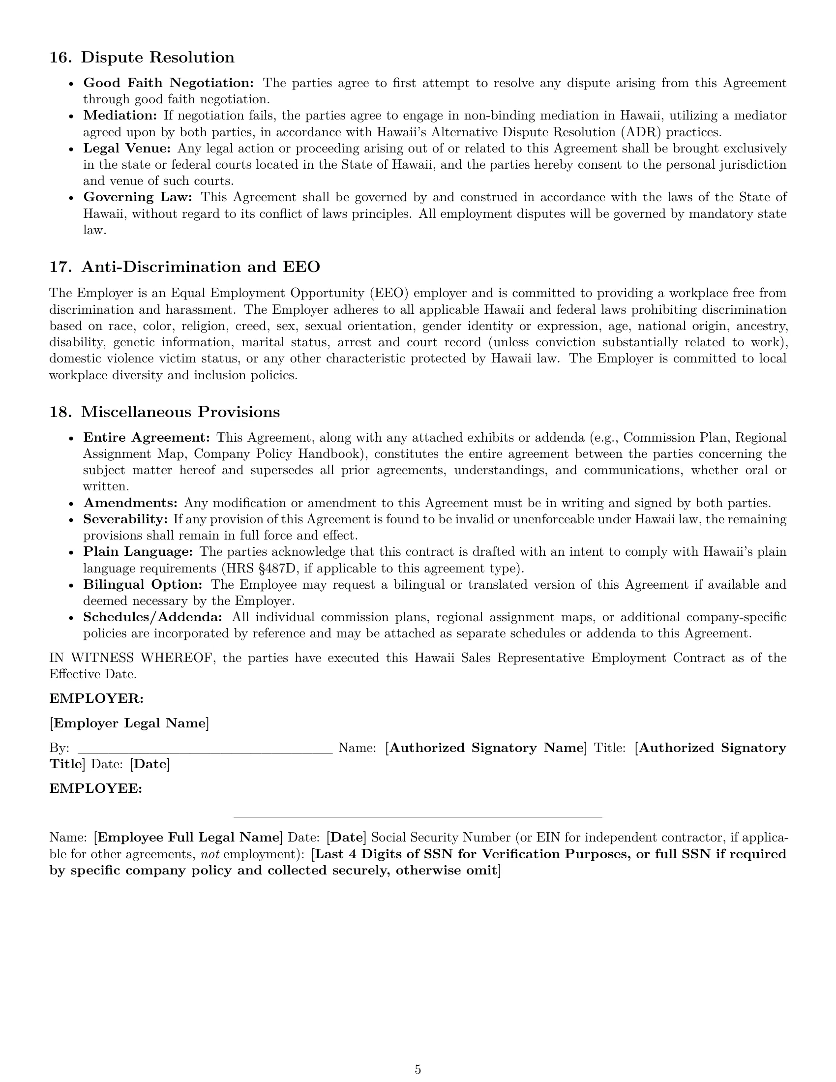 Preview page 5 of Pro Hawaii sales representative employment contract template