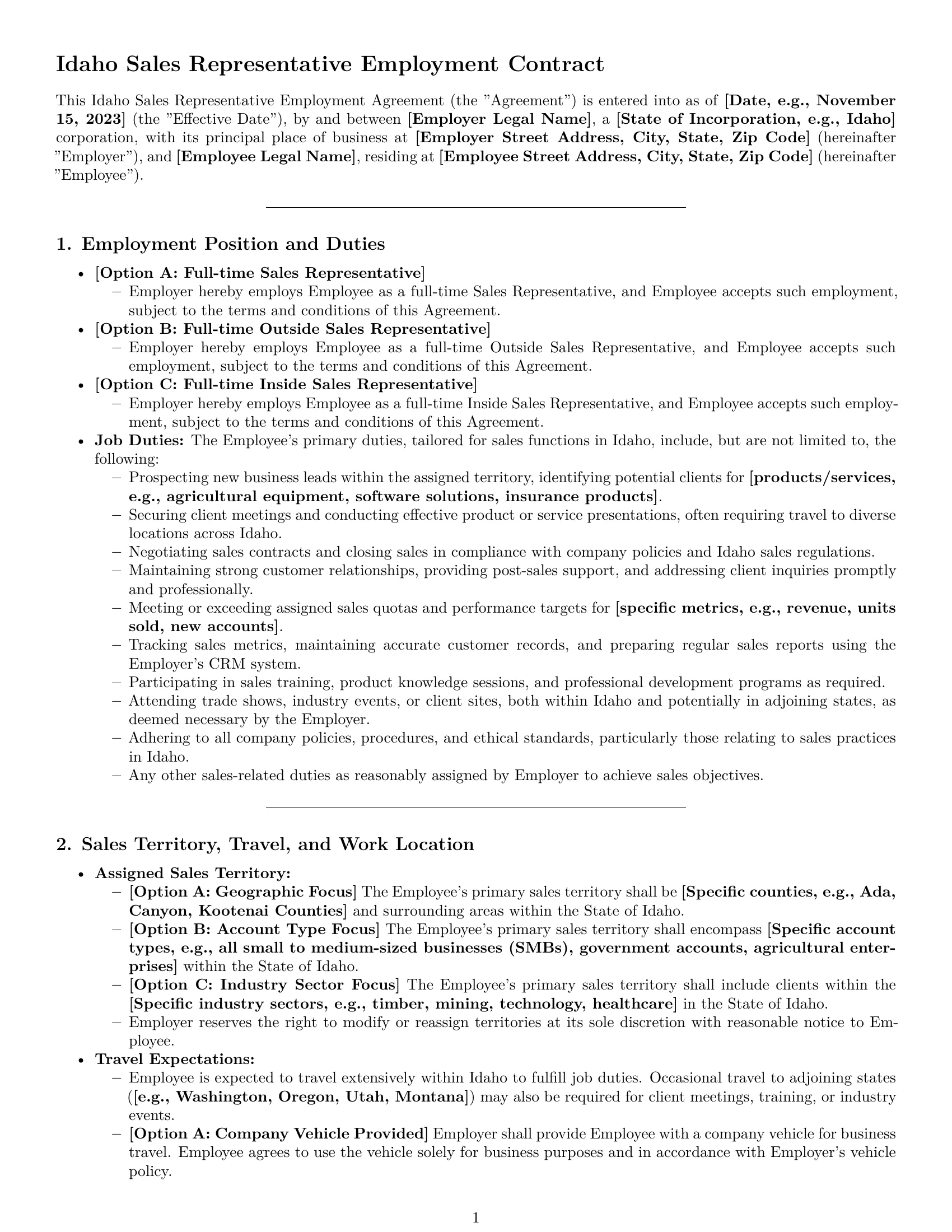 Preview page 1 of Pro Idaho sales representative employment contract template