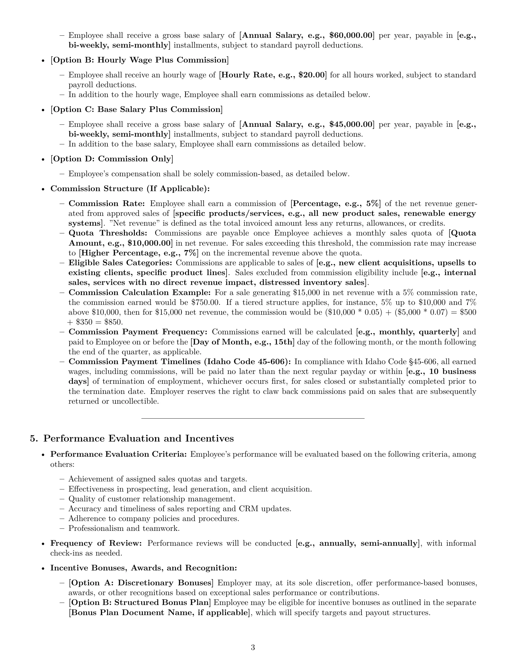 Preview page 3 of Pro Idaho sales representative employment contract template