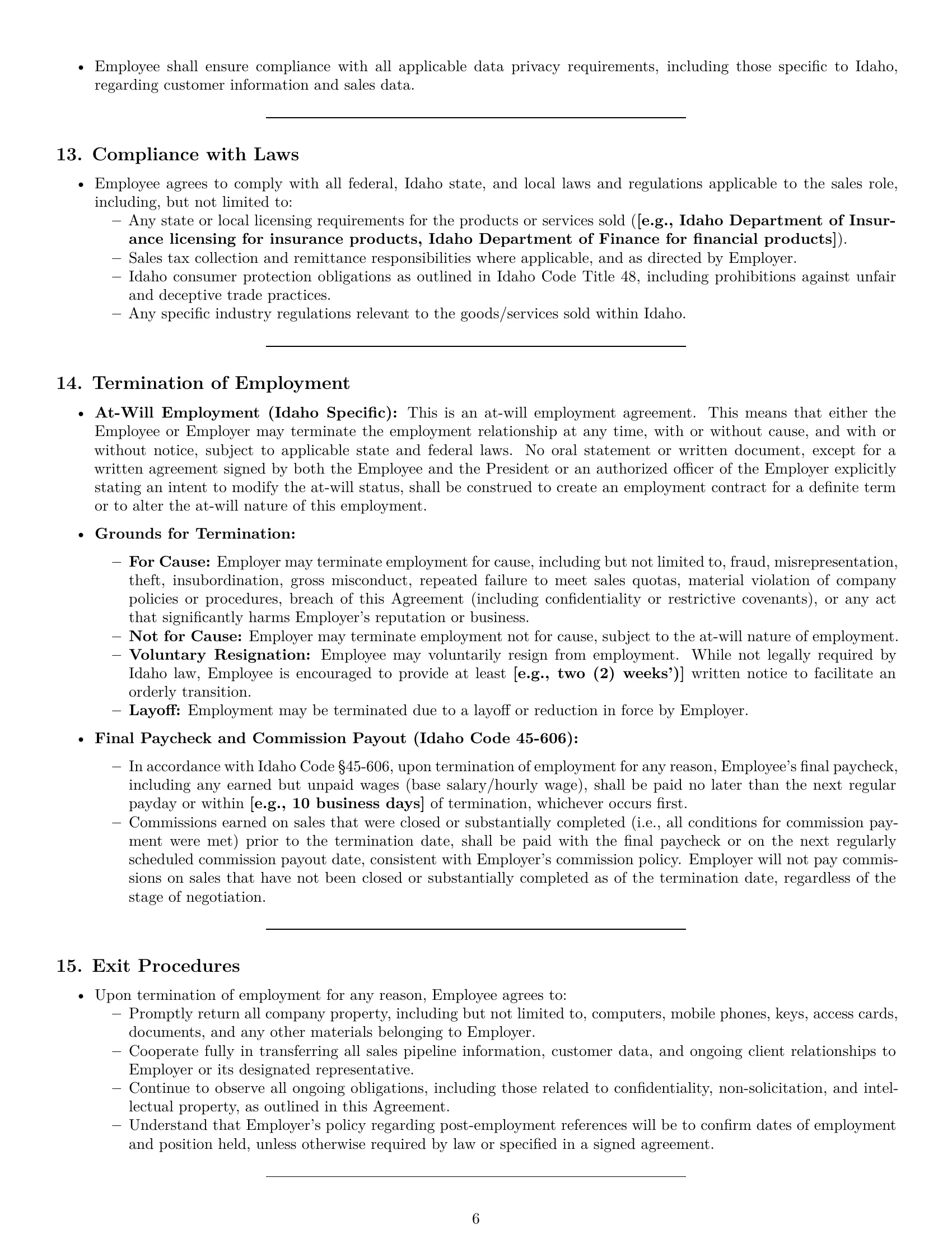 Preview page 6 of Pro Idaho sales representative employment contract template