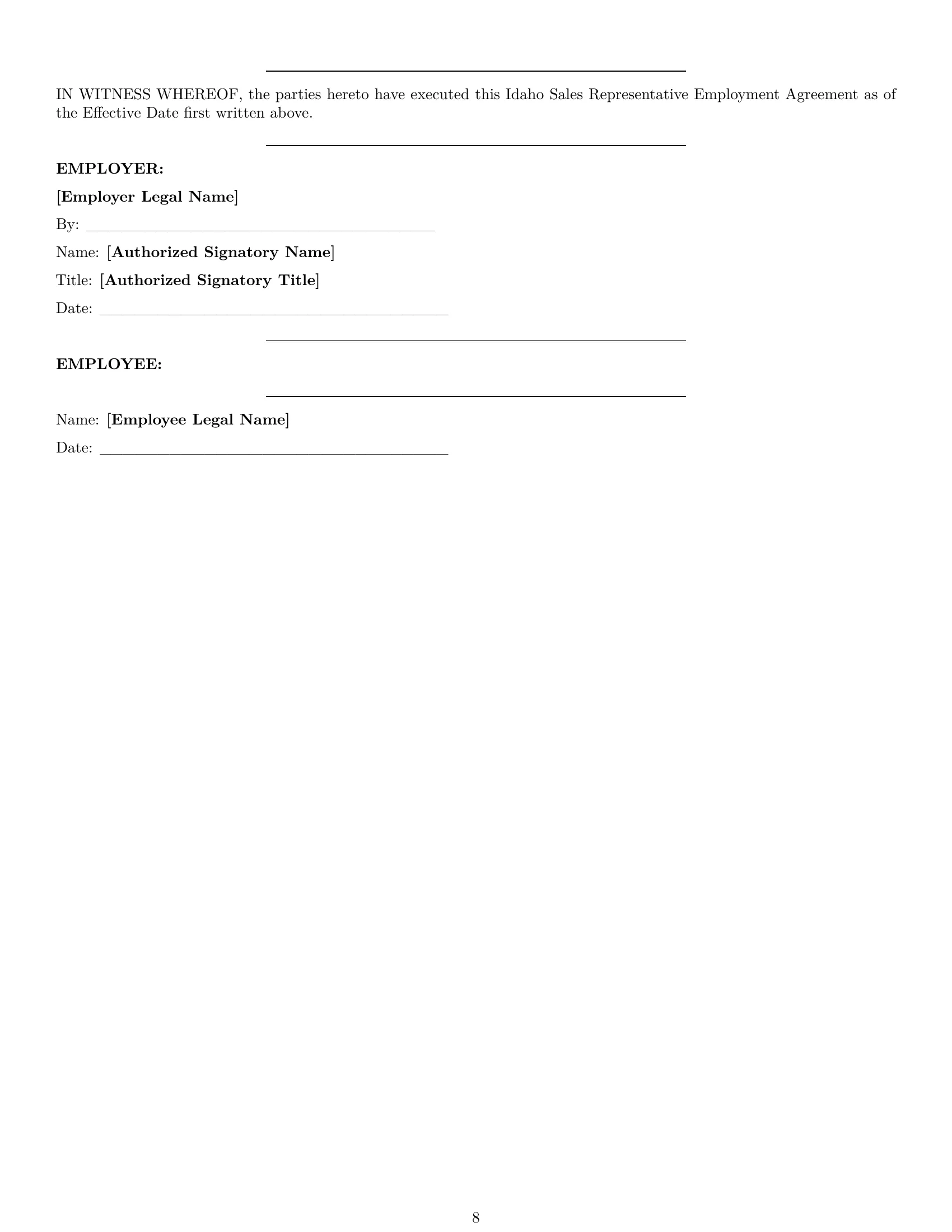 Preview page 8 of Pro Idaho sales representative employment contract template