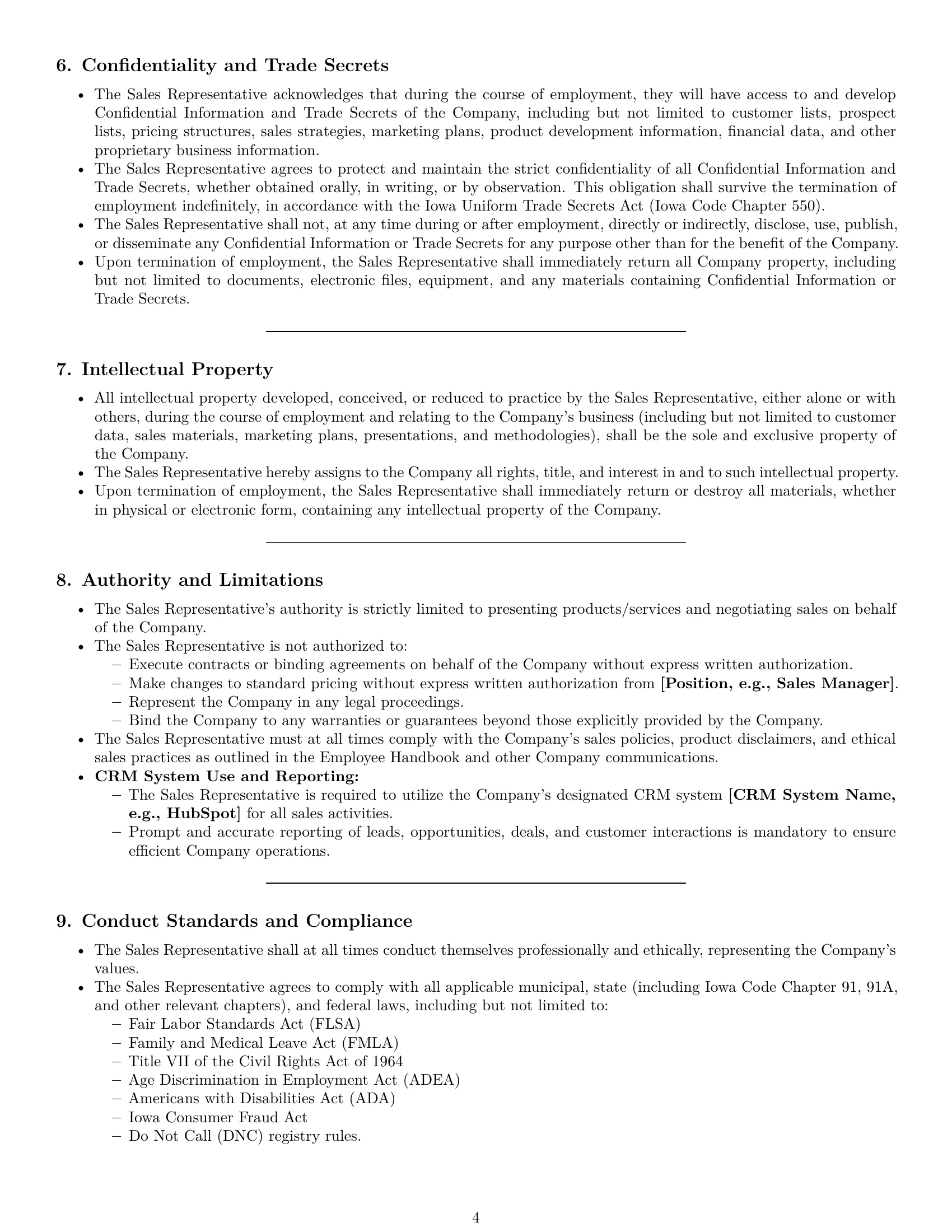 Preview page 4 of Pro Iowa sales representative employment contract template