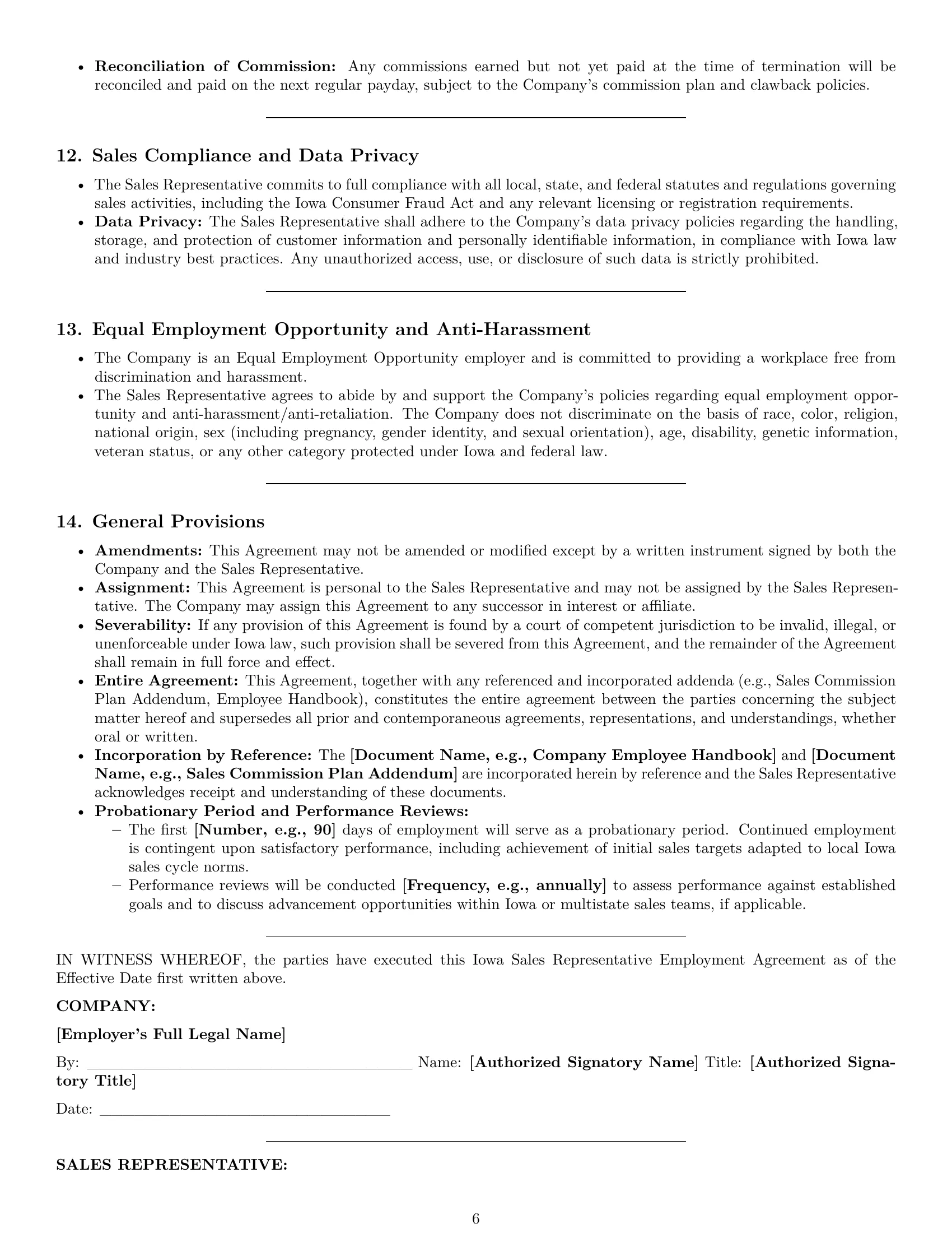 Preview page 6 of Pro Iowa sales representative employment contract template