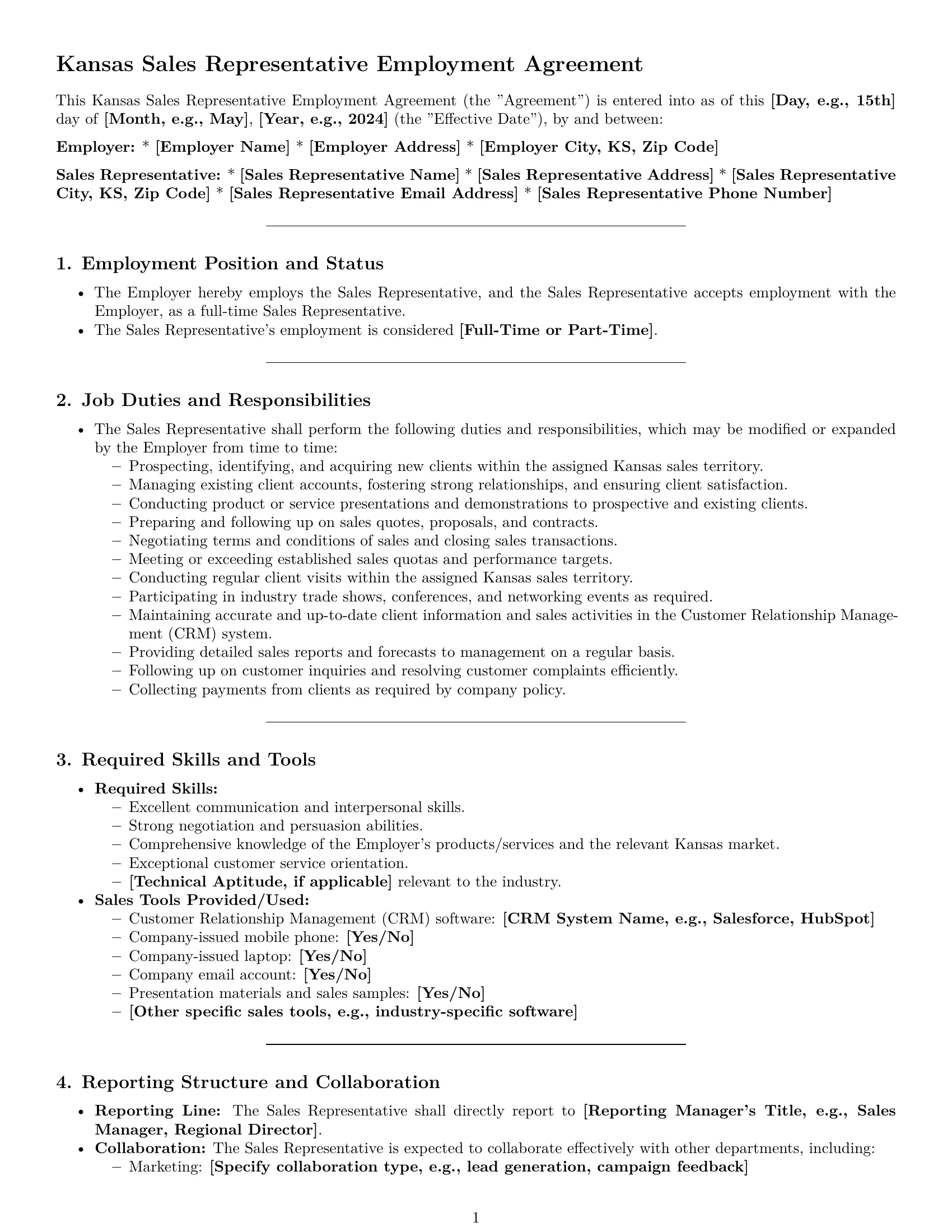 Preview page 1 of Pro Kansas sales representative employment contract template