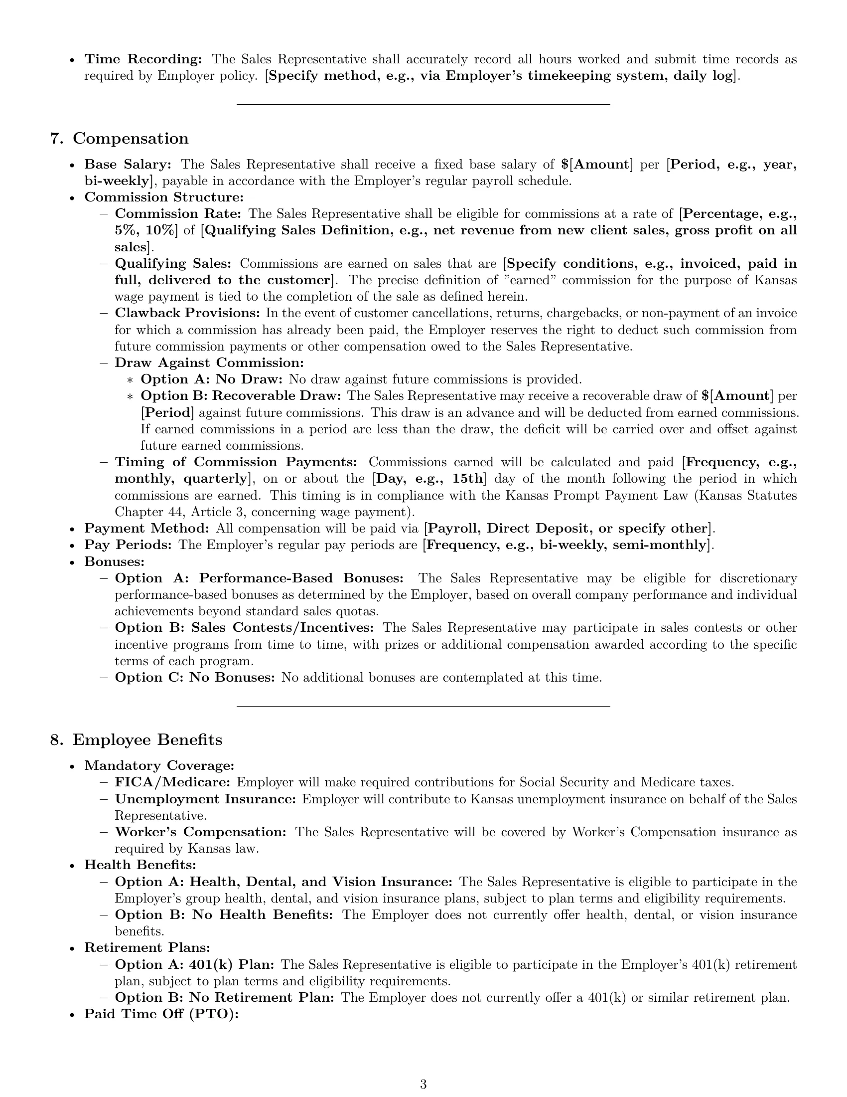 Preview page 3 of Pro Kansas sales representative employment contract template