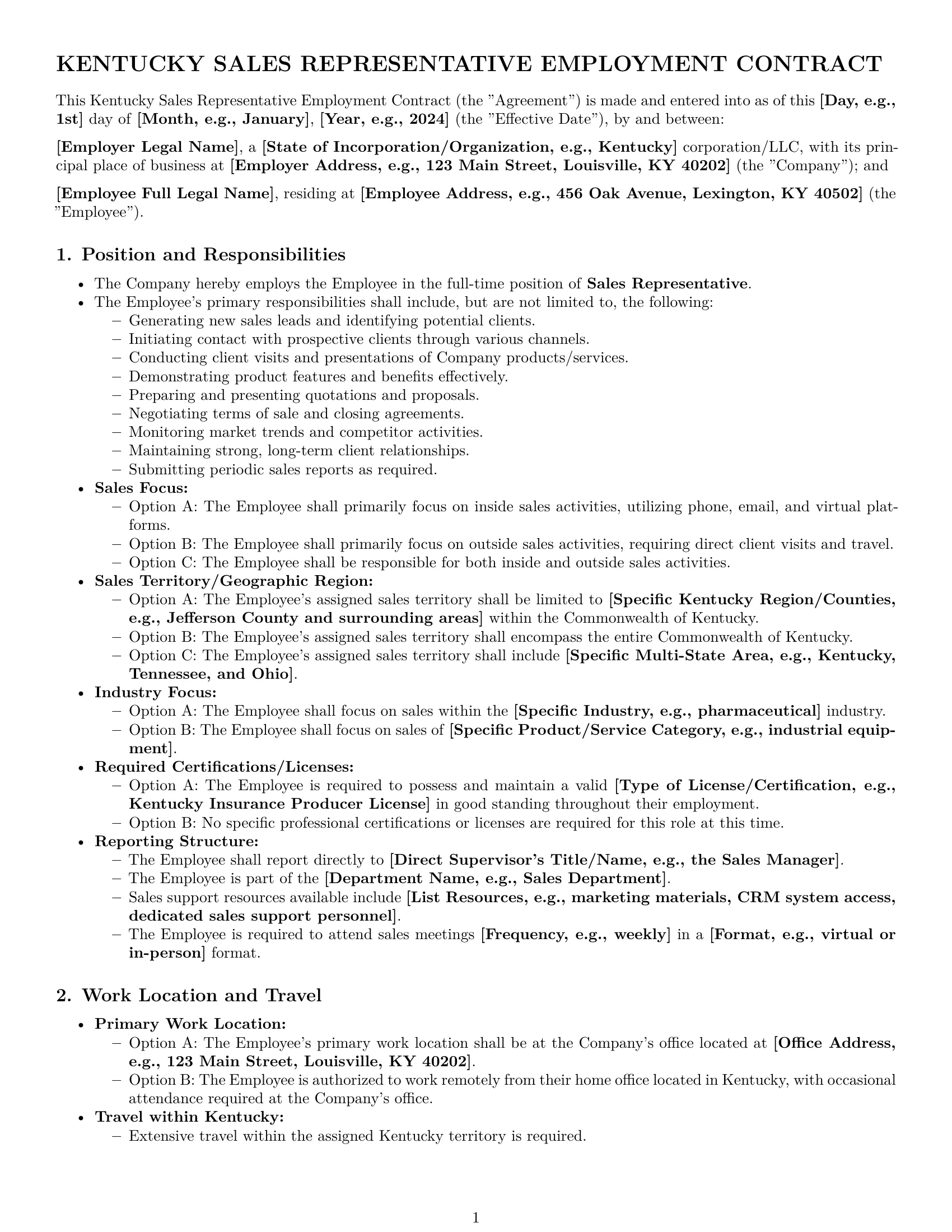Preview page 1 of Pro Kentucky sales representative employment contract template