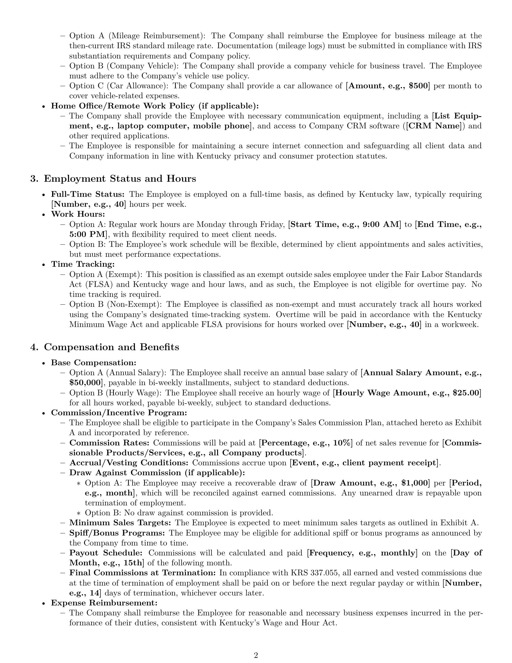 Preview page 2 of Pro Kentucky sales representative employment contract template
