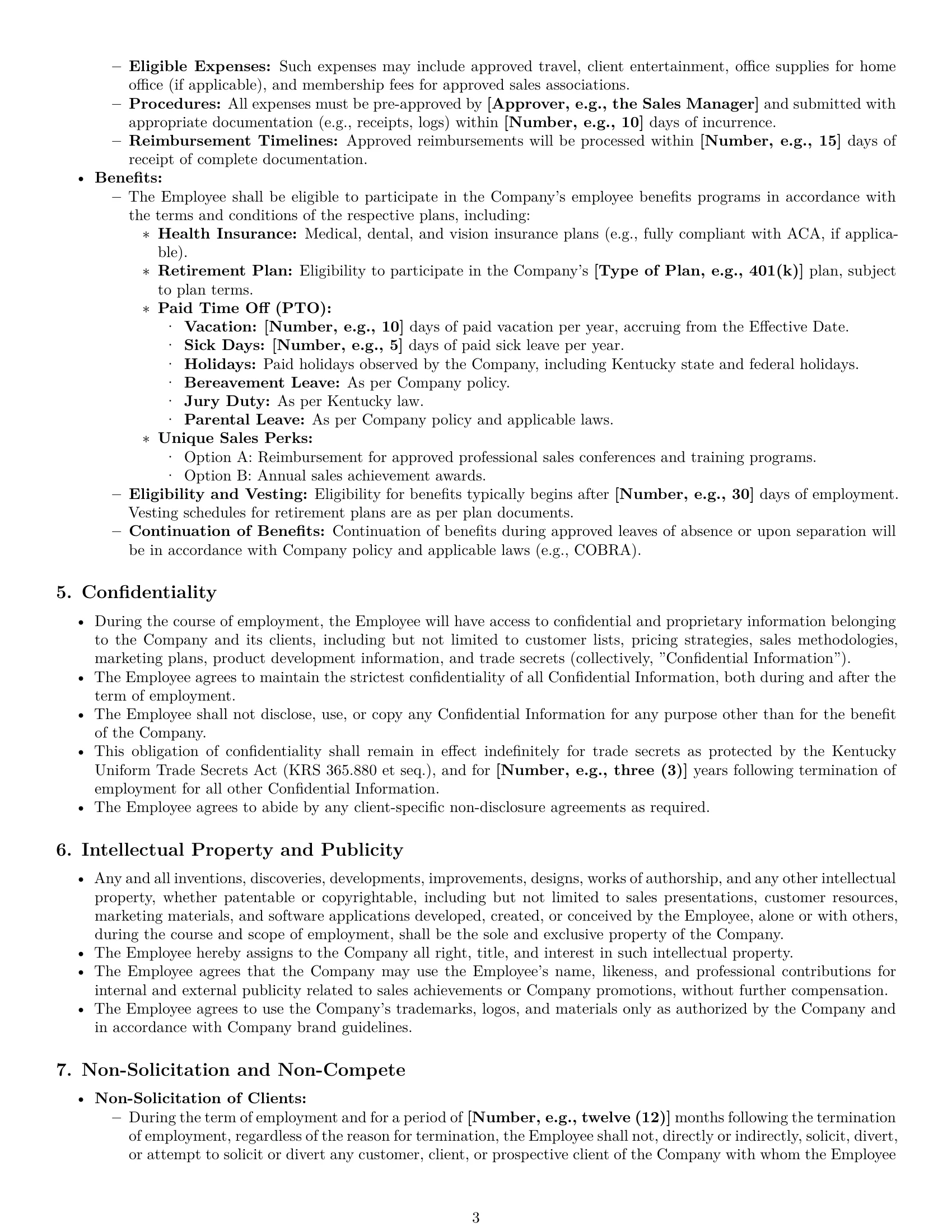 Preview page 3 of Pro Kentucky sales representative employment contract template