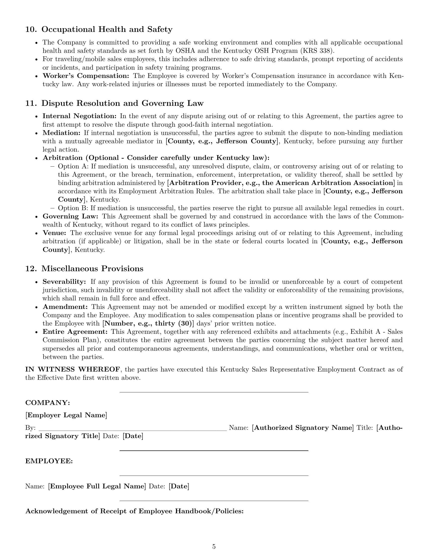 Preview page 5 of Pro Kentucky sales representative employment contract template