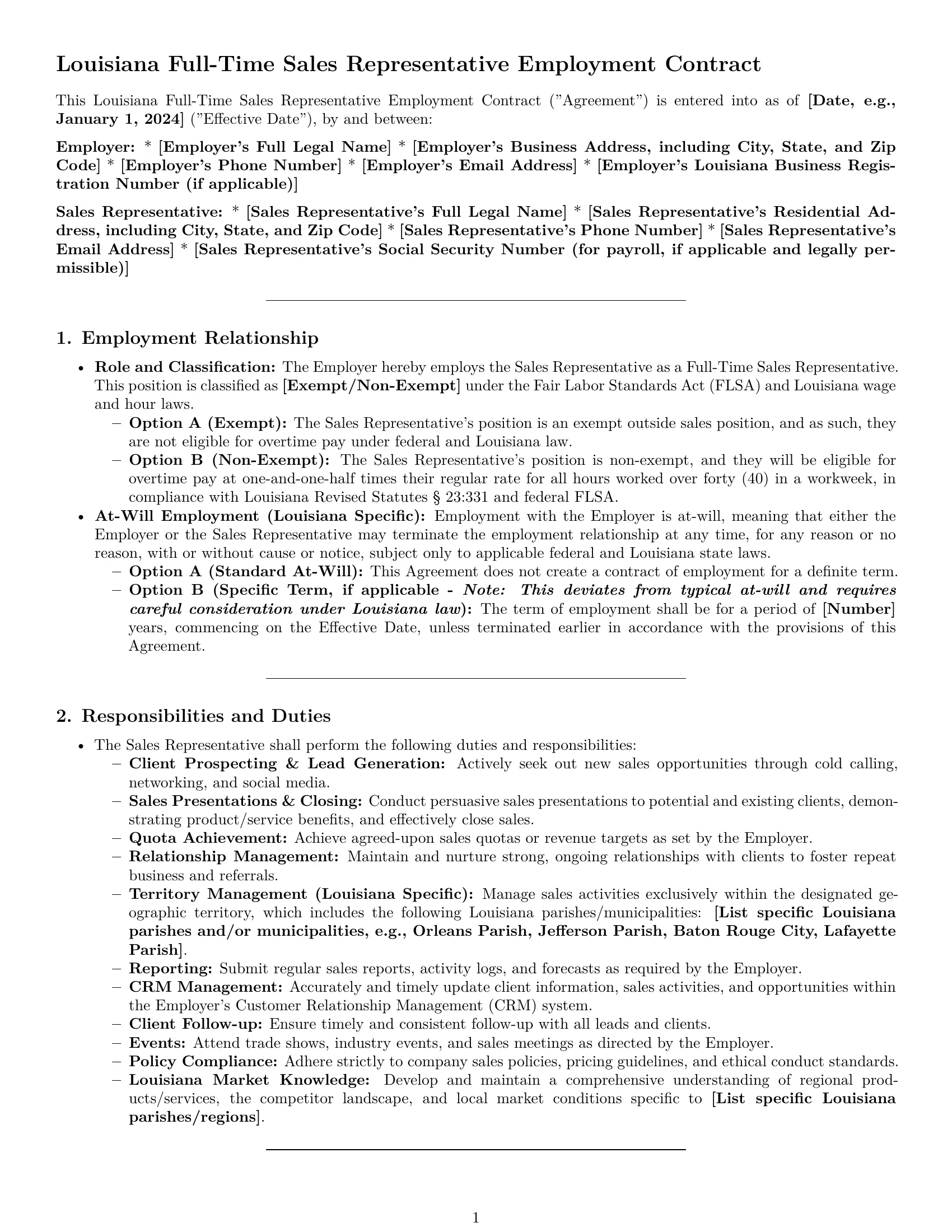 Preview page 1 of Pro Louisiana sales representative employment contract template