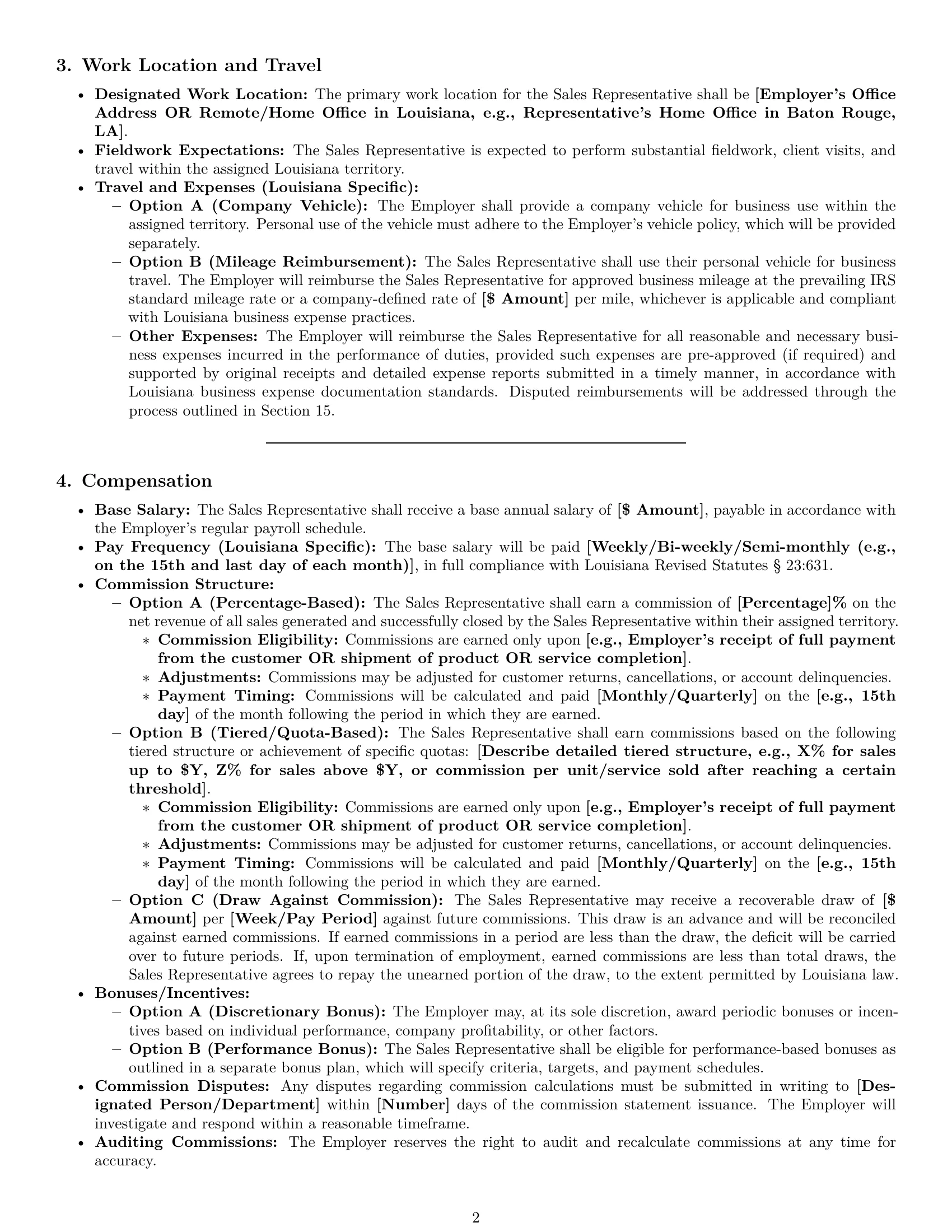 Preview page 2 of Pro Louisiana sales representative employment contract template