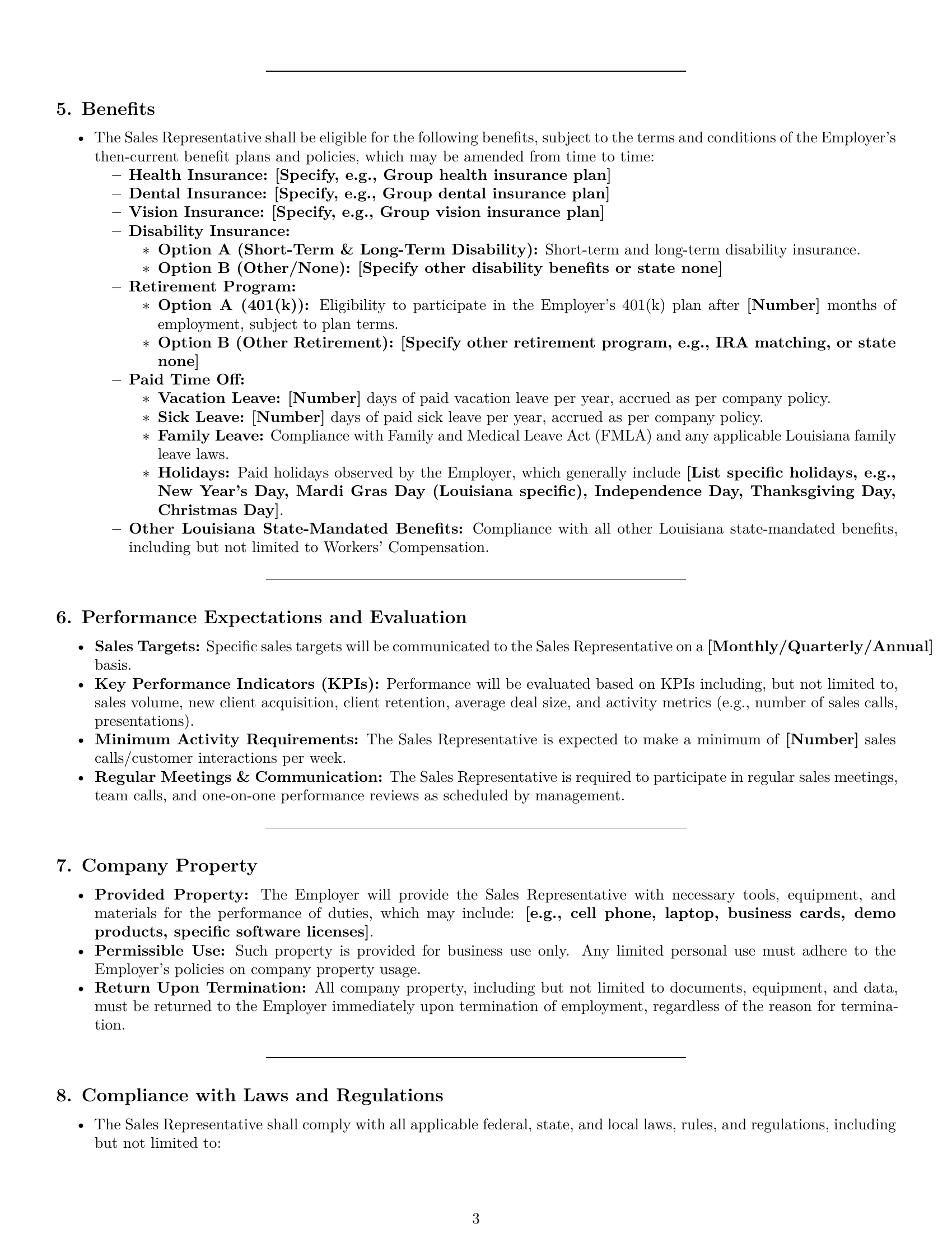 Preview page 3 of Pro Louisiana sales representative employment contract template