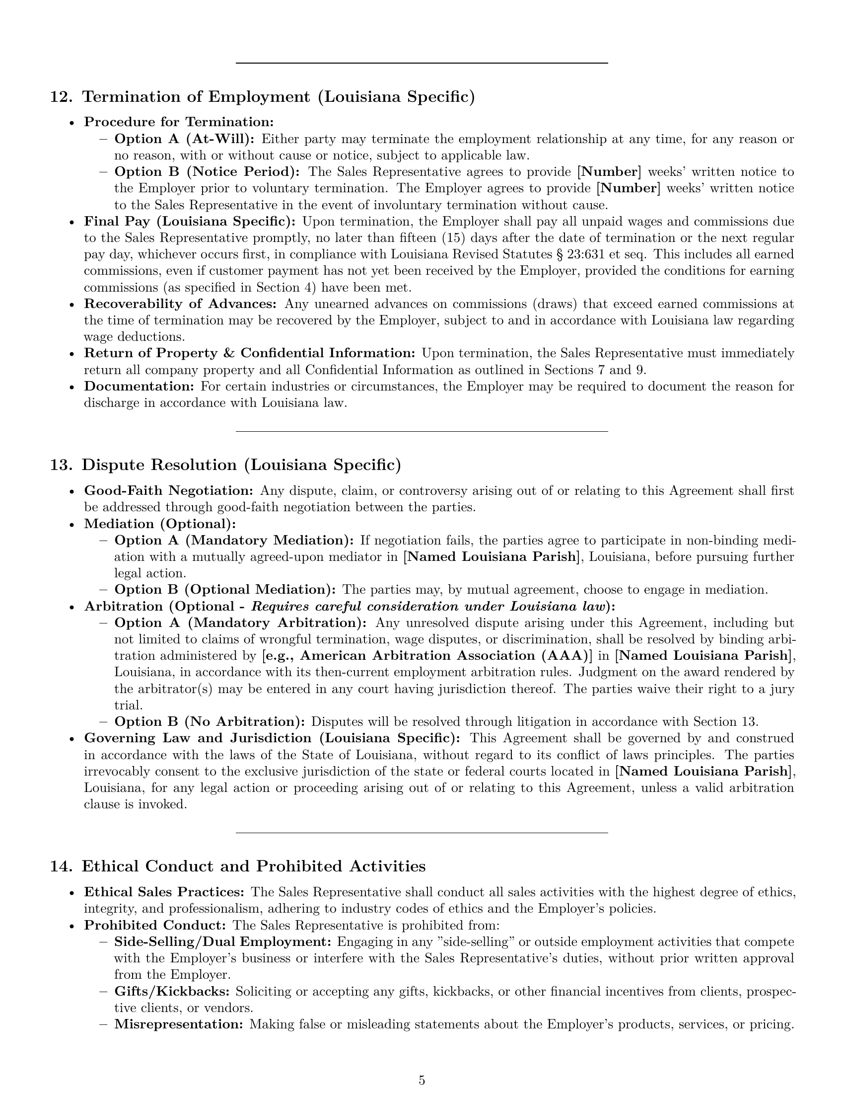 Preview page 5 of Pro Louisiana sales representative employment contract template