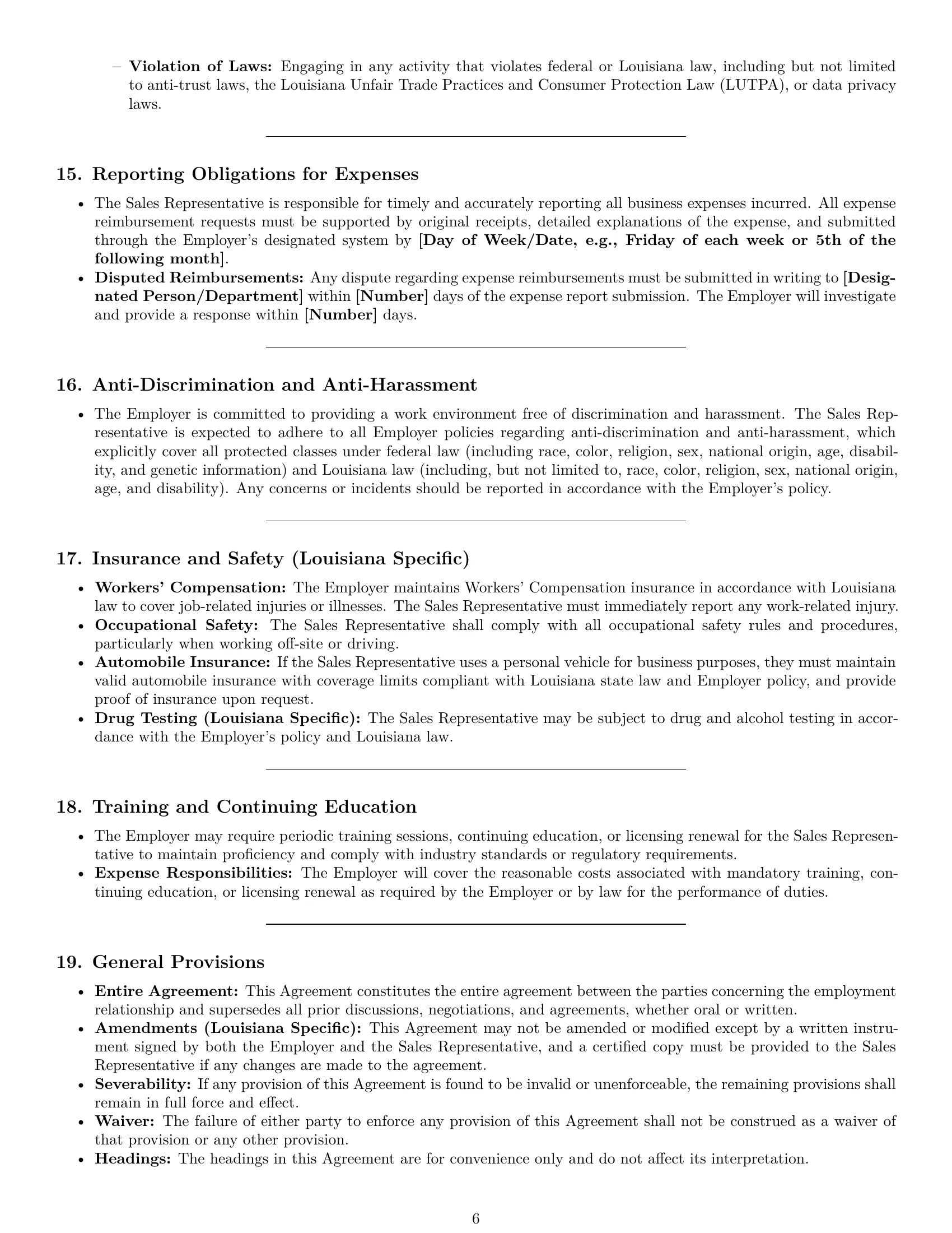 Preview page 6 of Pro Louisiana sales representative employment contract template