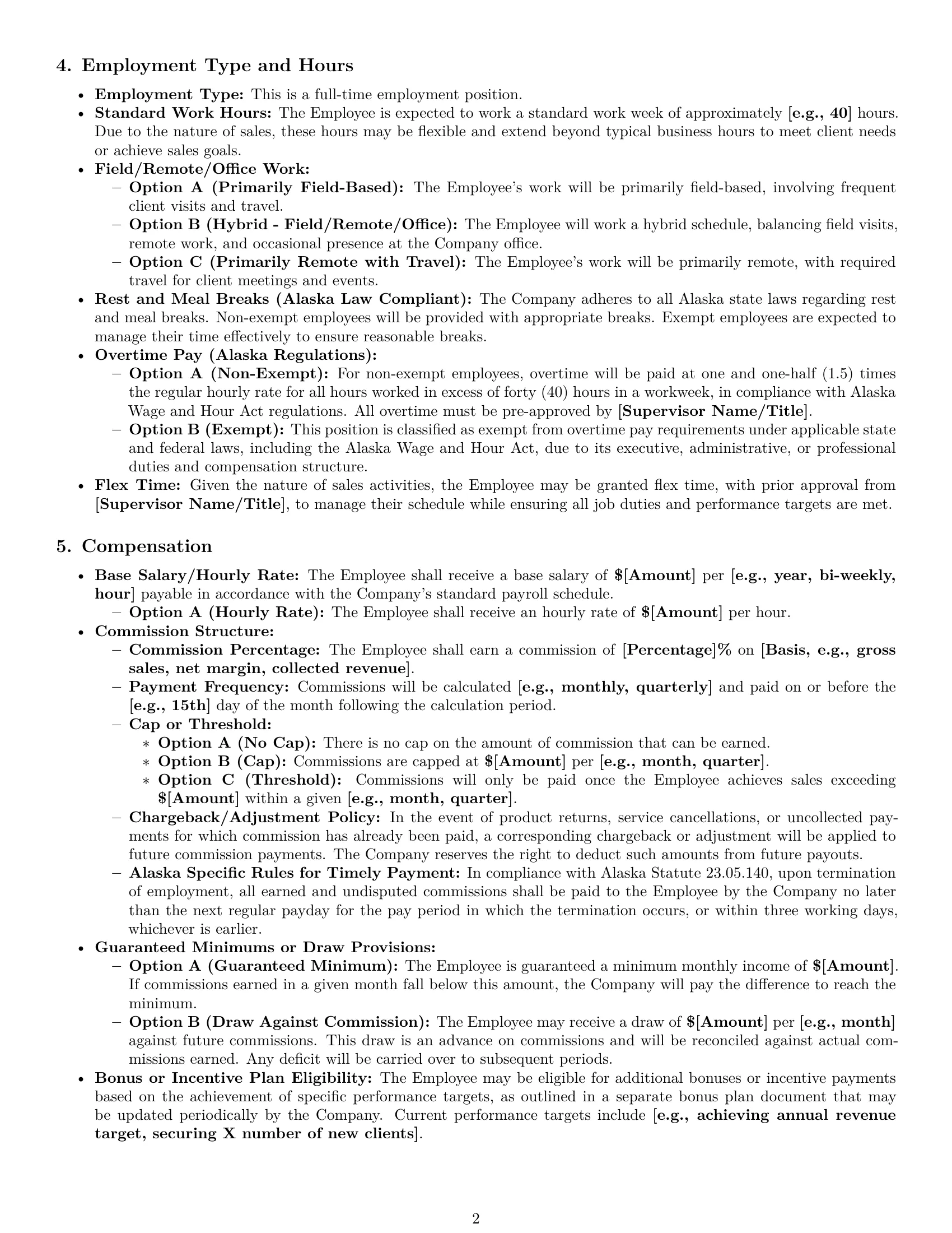 Preview page 2 of Pro Alaska sales representative employment contract template
