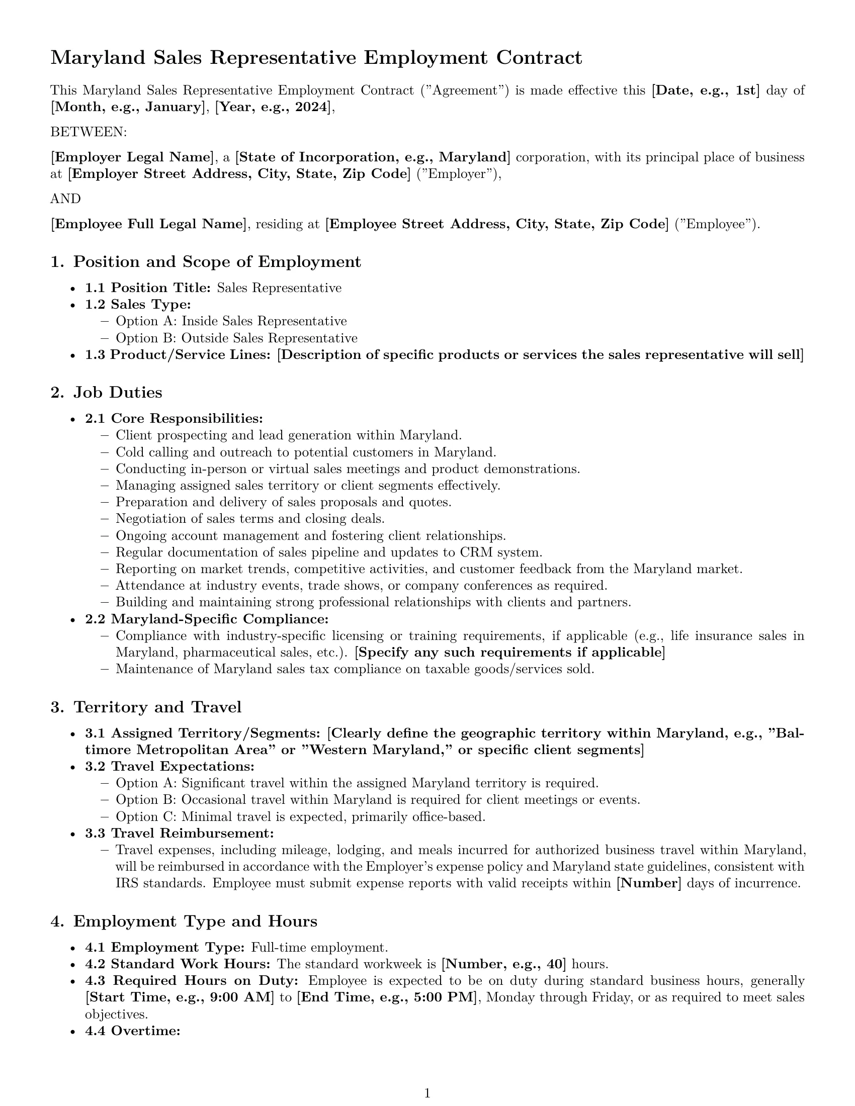 Preview page 1 of Pro Maryland sales representative employment contract template