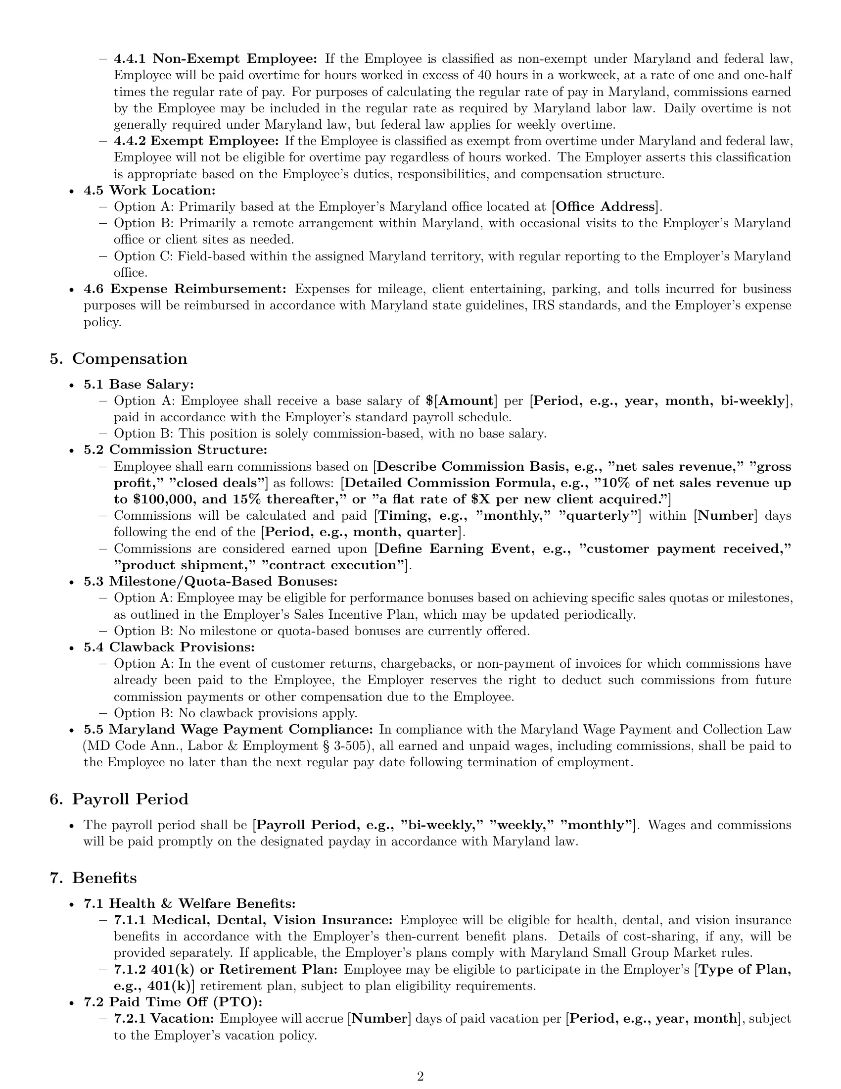 Preview page 2 of Pro Maryland sales representative employment contract template