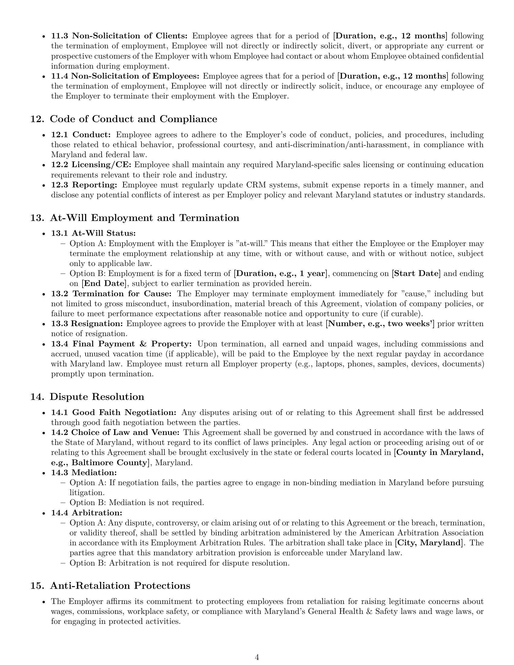 Preview page 4 of Pro Maryland sales representative employment contract template