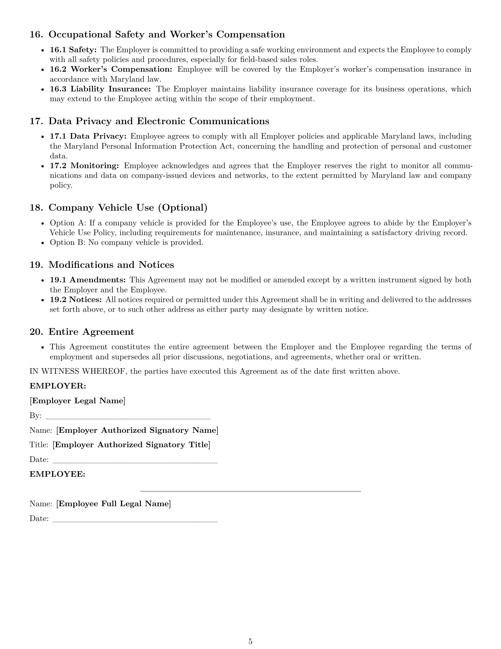 Preview page 5 of Pro Maryland sales representative employment contract template