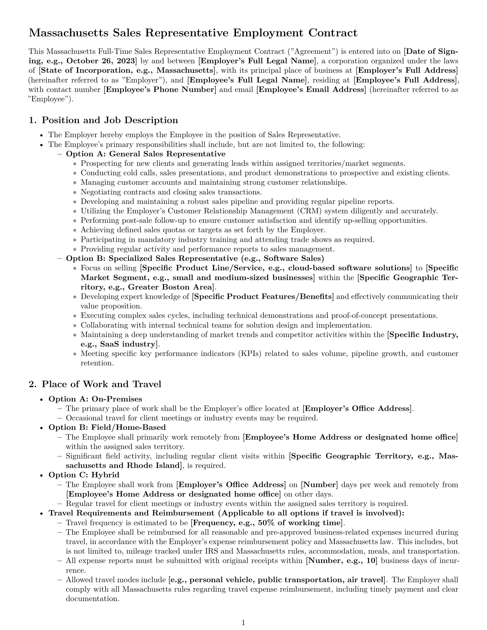 Preview page 1 of Pro Massachusetts sales representative employment contract template