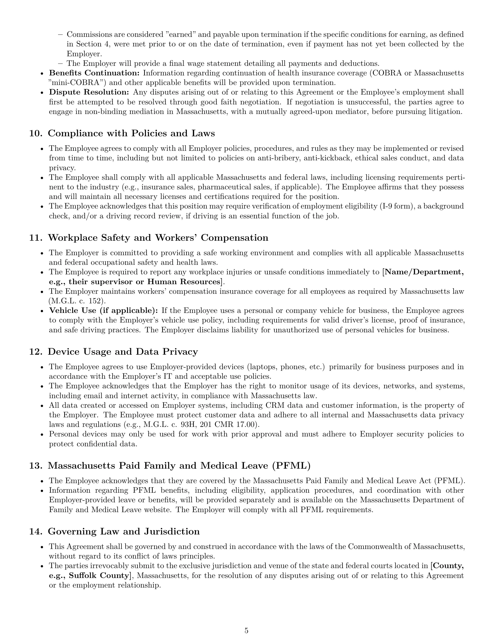 Preview page 5 of Pro Massachusetts sales representative employment contract template