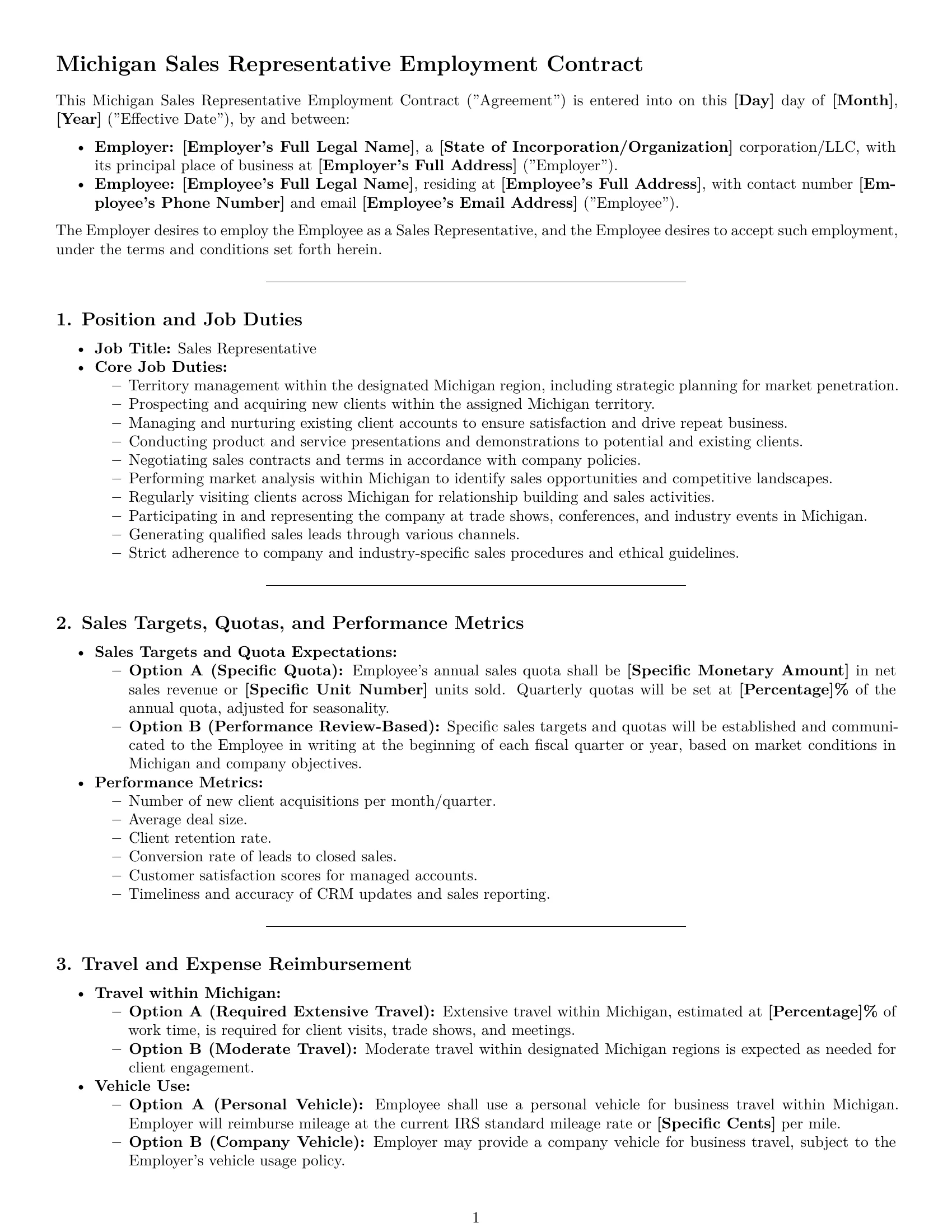 Preview page 1 of Pro Michigan sales representative employment contract template