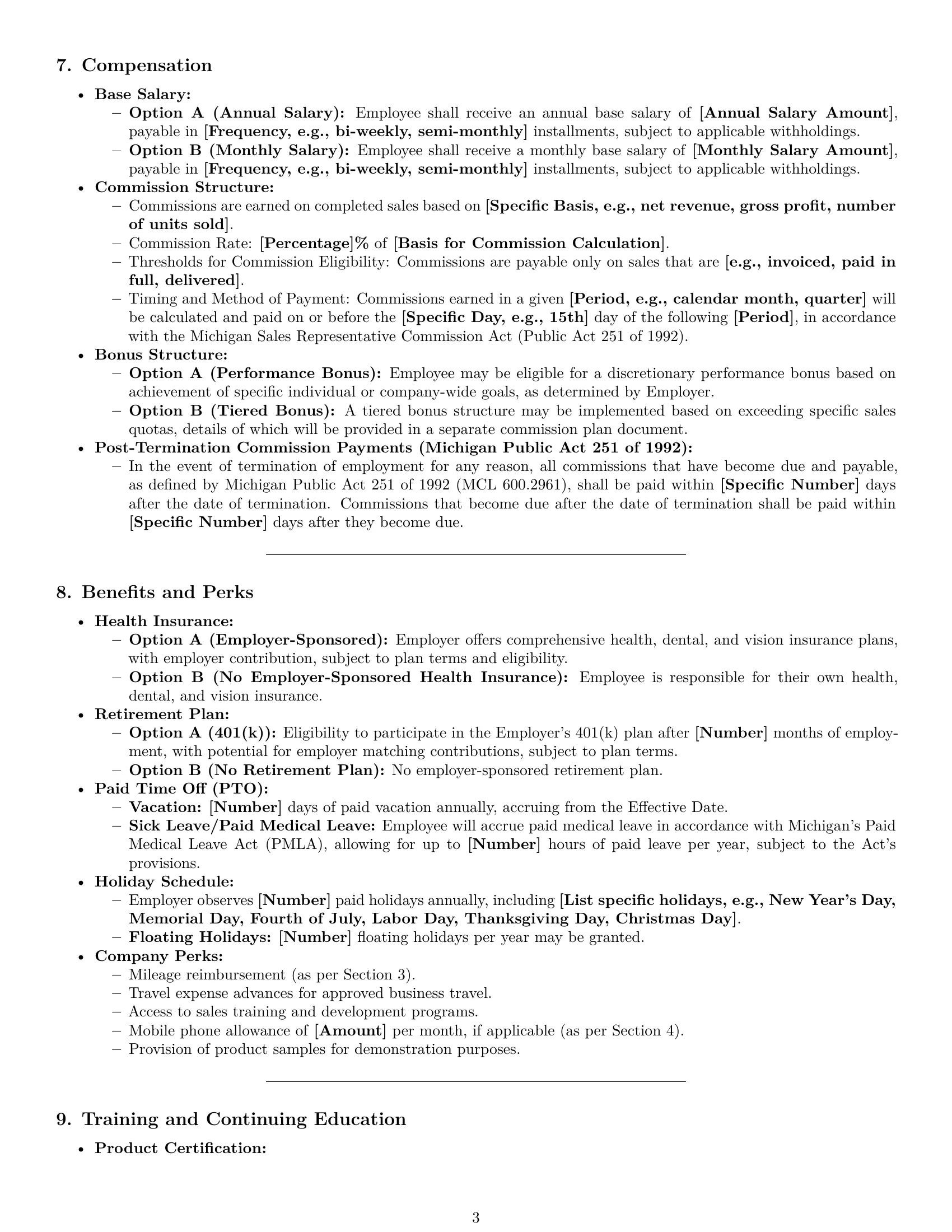 Preview page 3 of Pro Michigan sales representative employment contract template