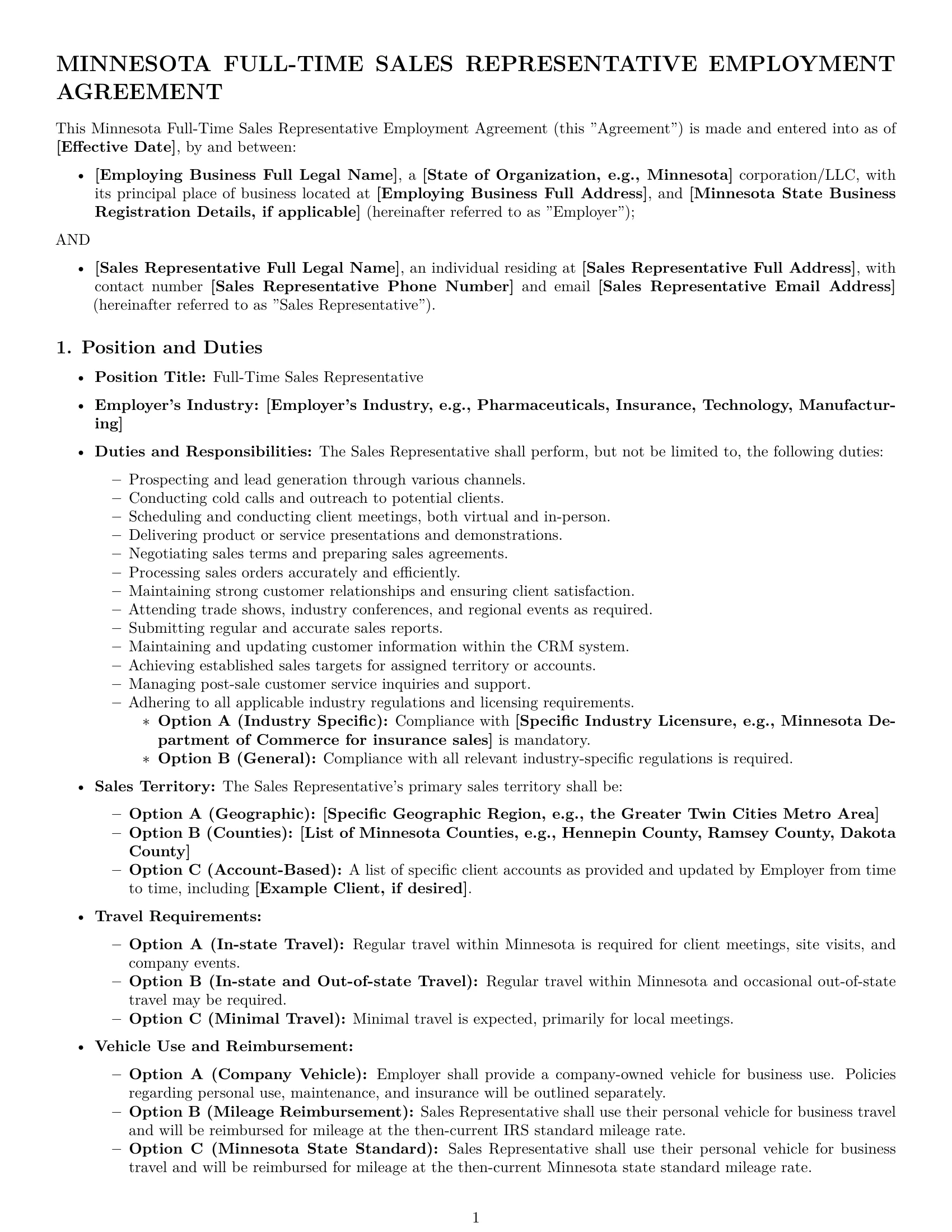 Preview page 1 of Pro Minnesota sales representative employment contract template