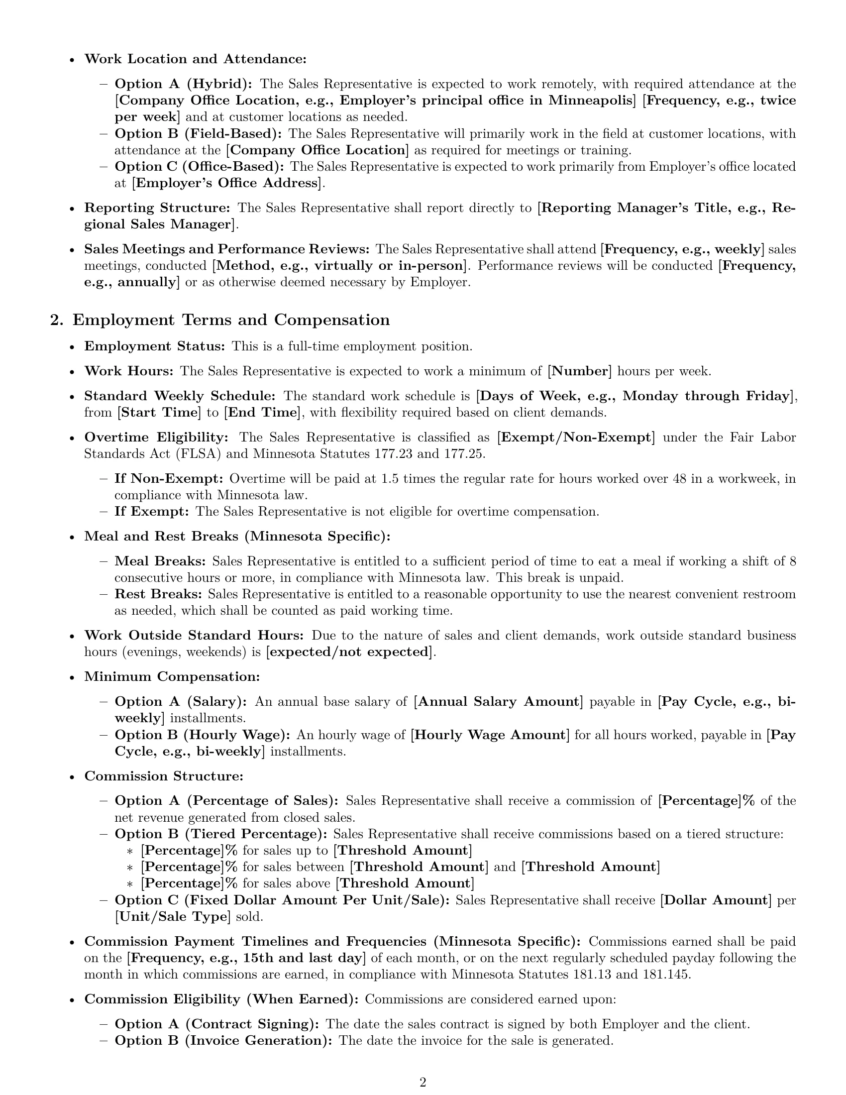 Preview page 2 of Pro Minnesota sales representative employment contract template